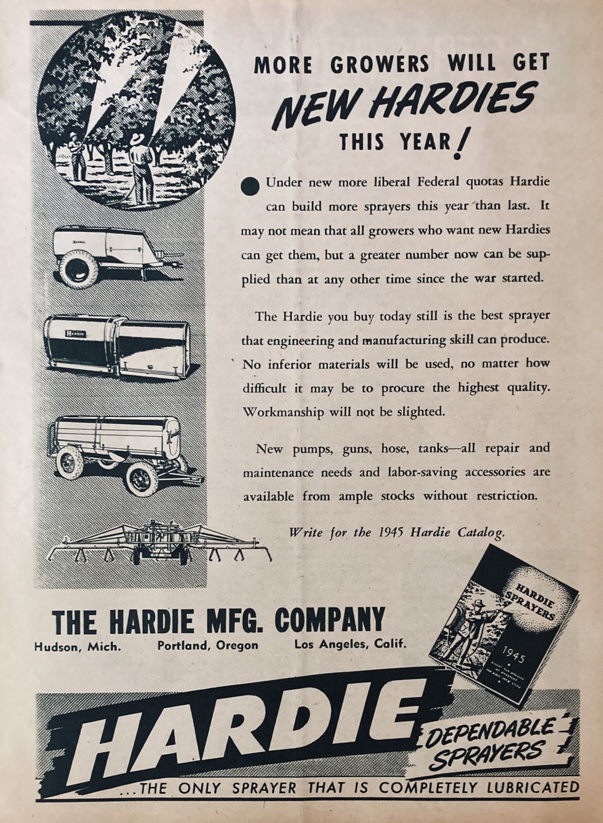 1944 AD.(XF9)~HARDIE MFG. CO. HUDSON, MI. HARDIE ORCHARD SPRAYERS