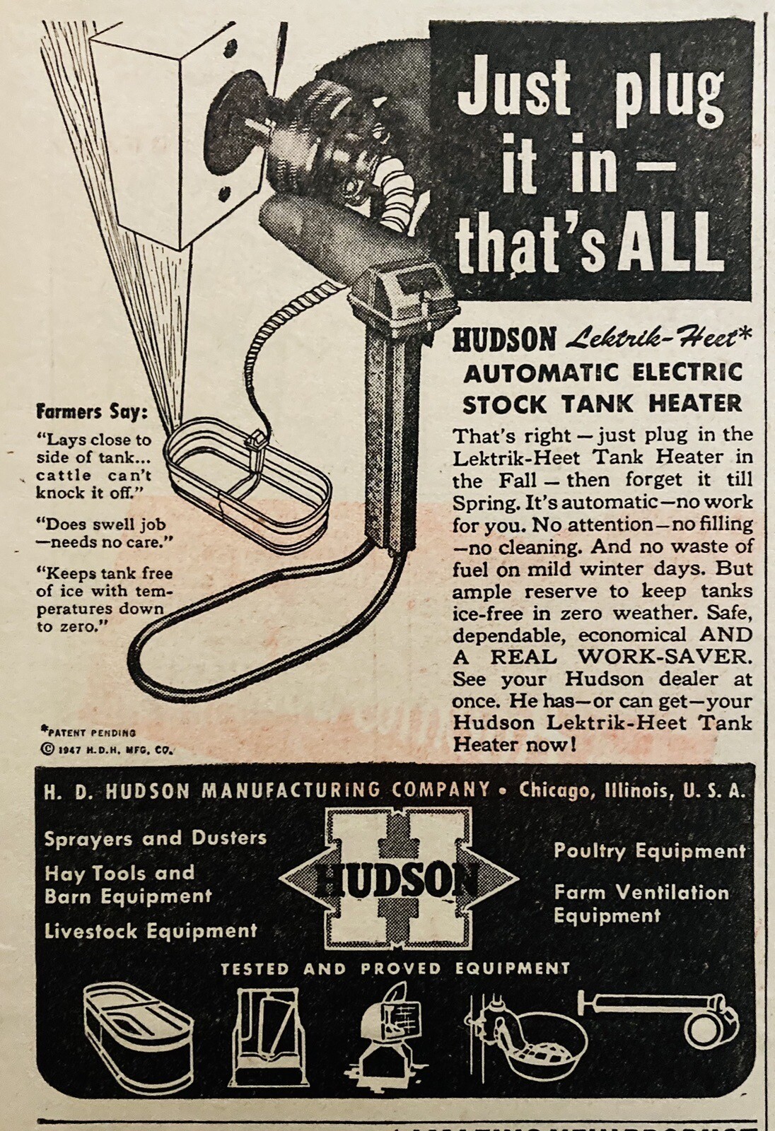 1947 AD.(XH75)~H.D. HUDSON MFG. CO. CHICAGO. ELECTRIC STOCK TANK HEATER
