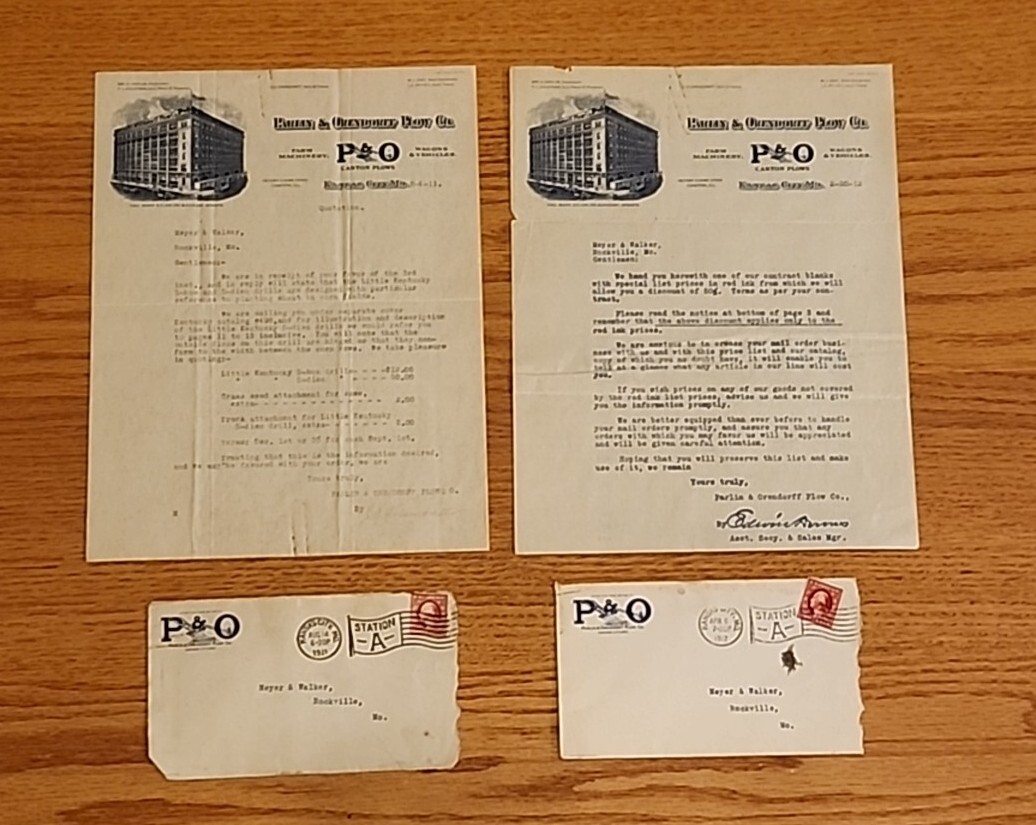 Parlin and Orendorff P&O Plow Co Letterhead 2x 1911 1912