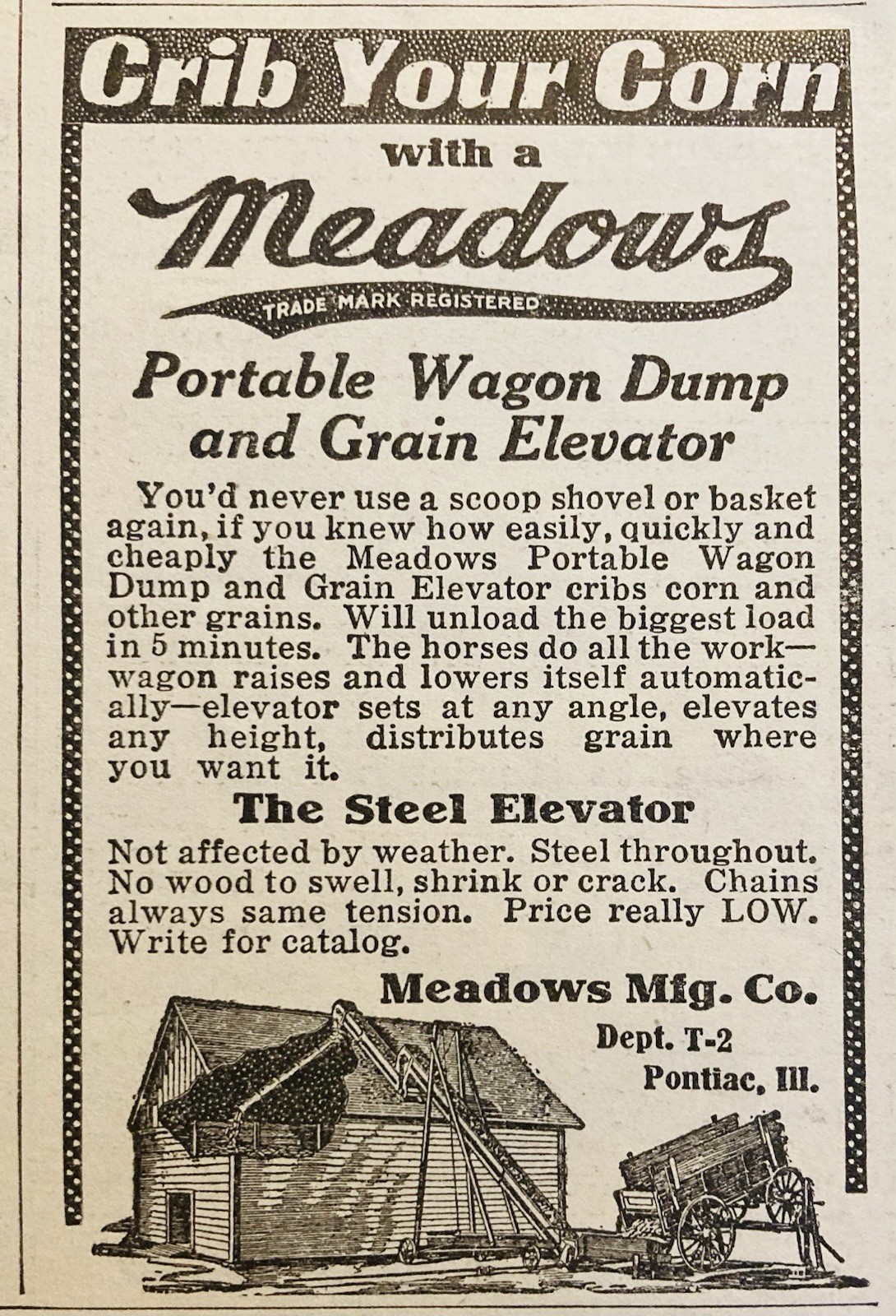 1912 AD.(XH87)~MEADOWS MFG. CO. PONTIAC, ILL. MEADOWS PORTABLE GRAIN ELEVATOR