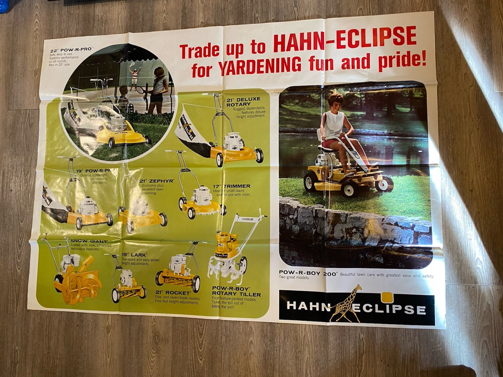 RARE 1960s Vintage Hahn Eclipse Yard Equipment Advertising Sign Poster 58&Prime; x 41&Prime;