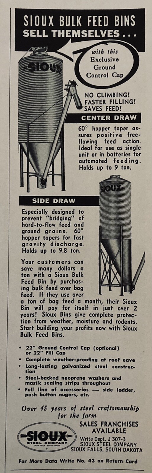 1964 AD.(XH53)~SIOUX STEEL CO. SIOUX FALLS, SD. SIOUX BULK FEED BINS