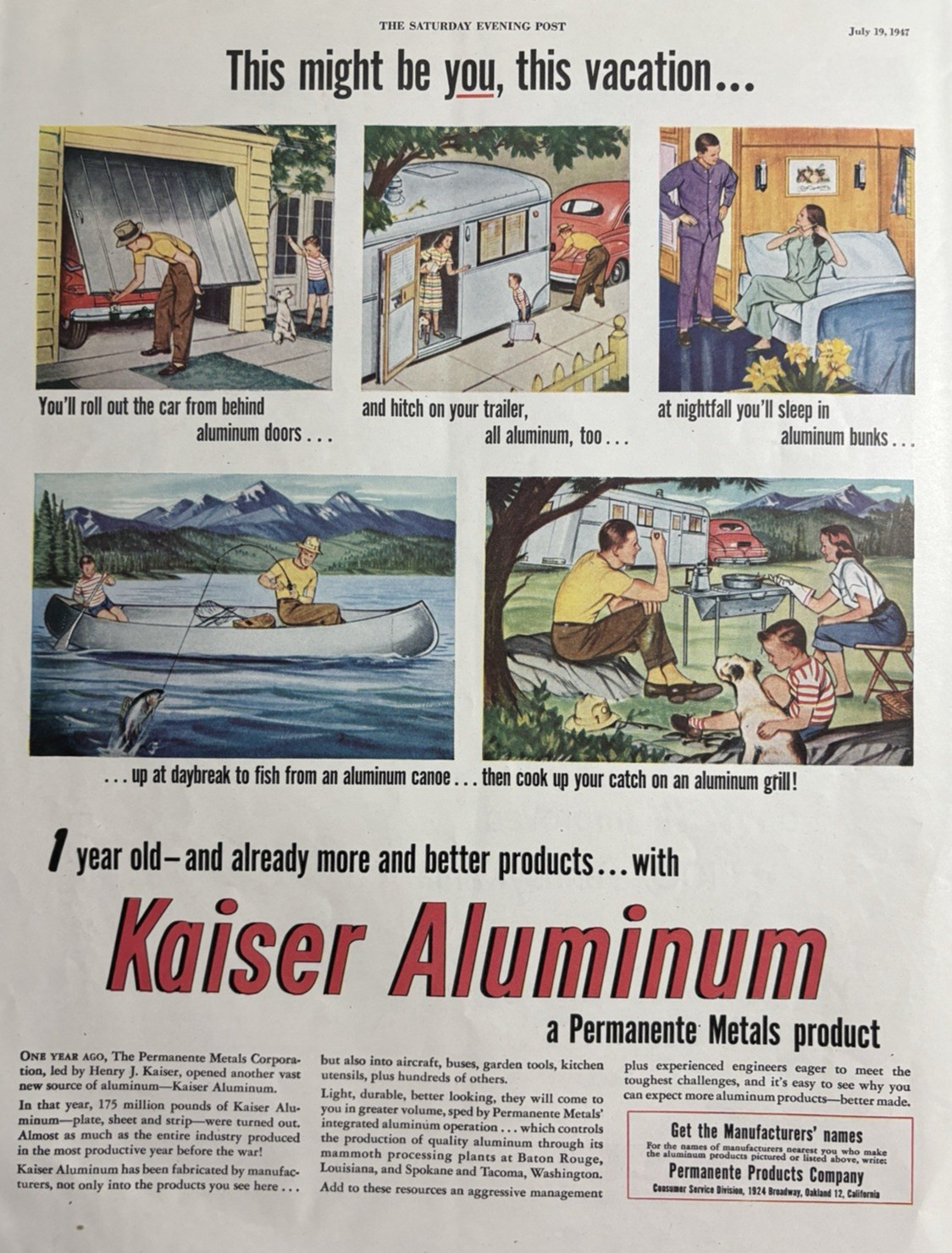 Kaiser Aluminum Permanente Metals Product Better Made Vacation VTG Print Ad 1947
