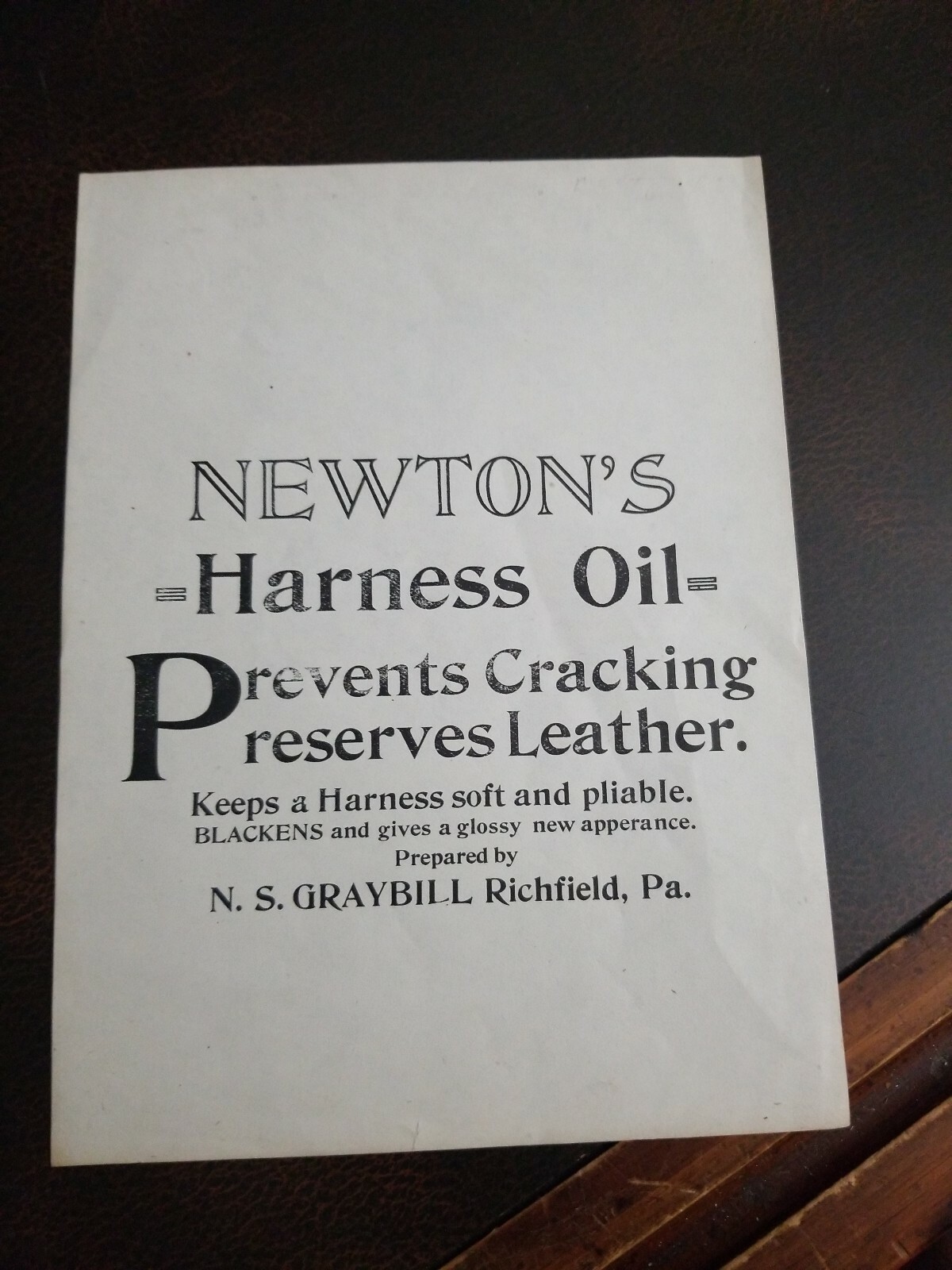 Vintage 1870s N.S. Graybill Richfield Pa Newtons Harness Oil Sales Flyer