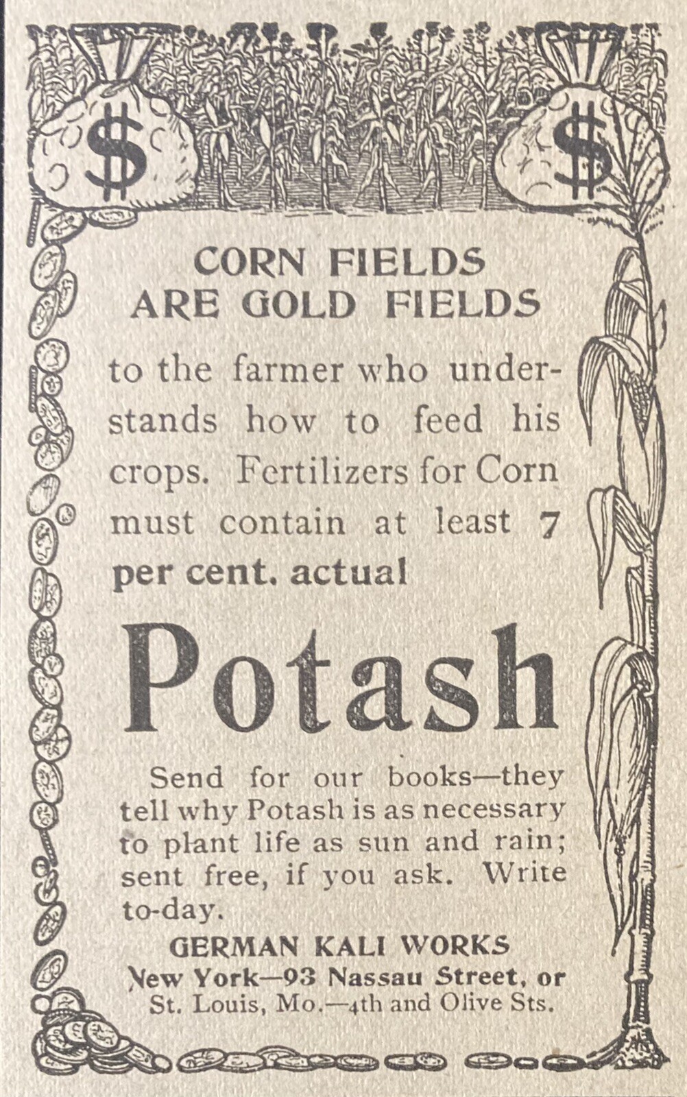 1905 AD.(XH29)~GERMAN KALI WORKS, NYC. POTASH CORN FERTILIZER