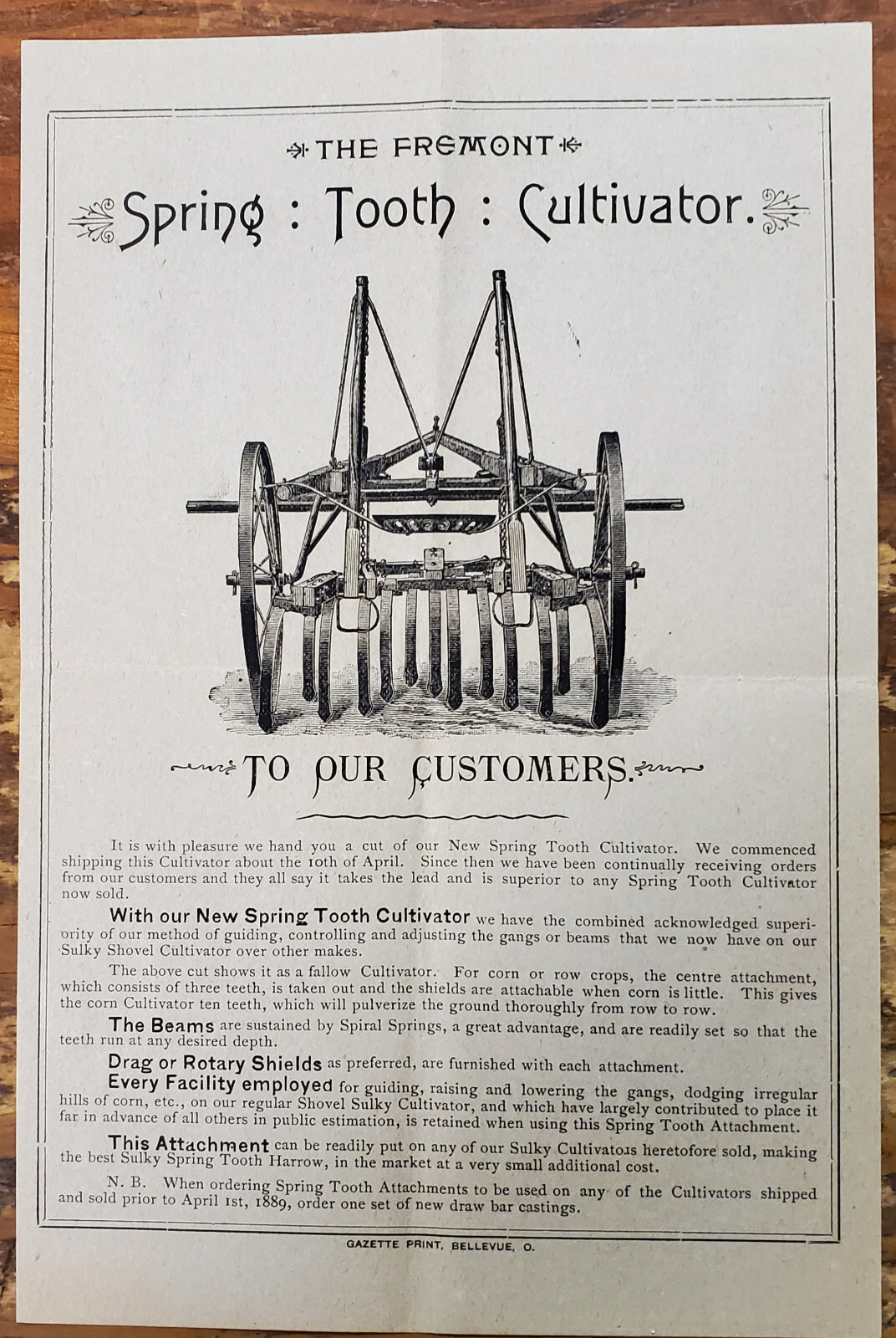 Fremont, Spring Tooth Cultivator, 1889, Broadside, Agriculture/Implement