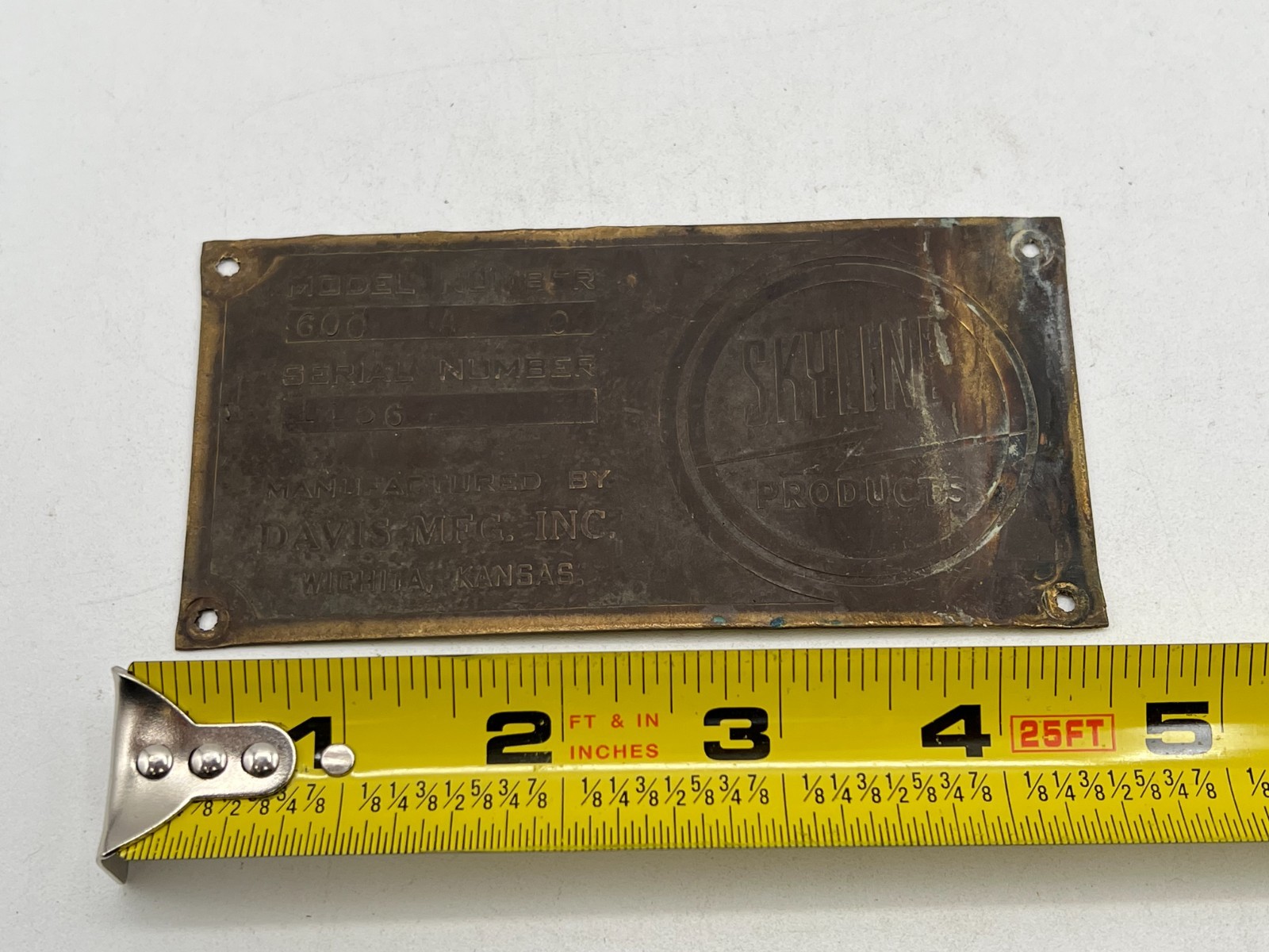 Vintage Davis Mfg. Inc. Wichita, Kansas KS Skyline Products Brass Tag / Plate