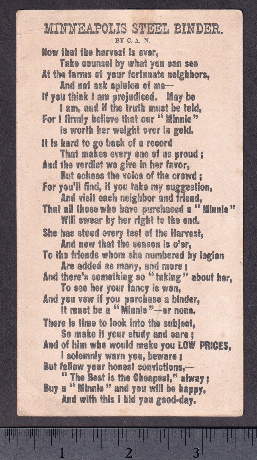 Antique Minneapolis Steel Binder 1880&rsquo;s Minnie Farm Poem Advertising Trade Card