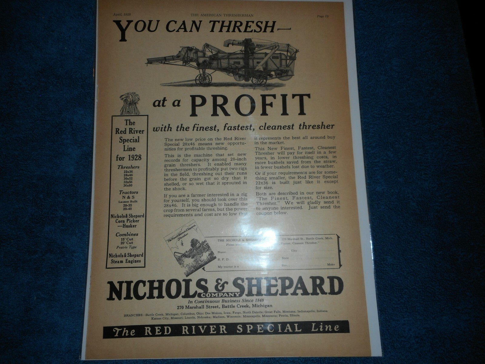 1928 Nichols & Shepard Print Advertisement: Red River Special Line Battle Creek