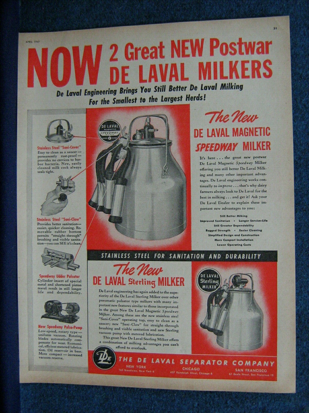 1947 De Laval Milker Ad ~ Two New Postwar Models ~ The Speedway & Sterling