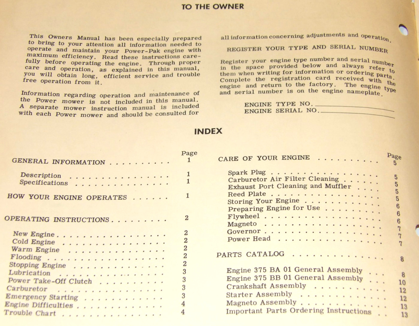 VINTAGE 1950s BOLENS ENGINE OWNER MANUAL & PARTS LIST/CATALOG! 375 BA 01/BB 01