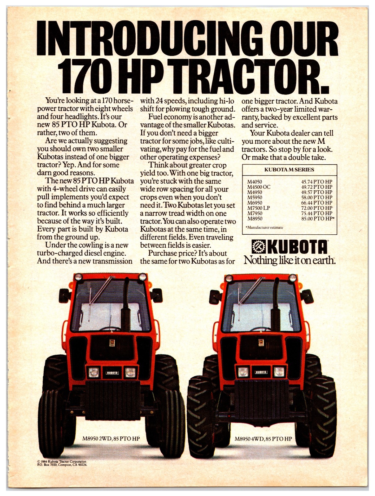 1984 Kubota M8950 Tractors Original Print Ad (8in x11in) Advertisement
