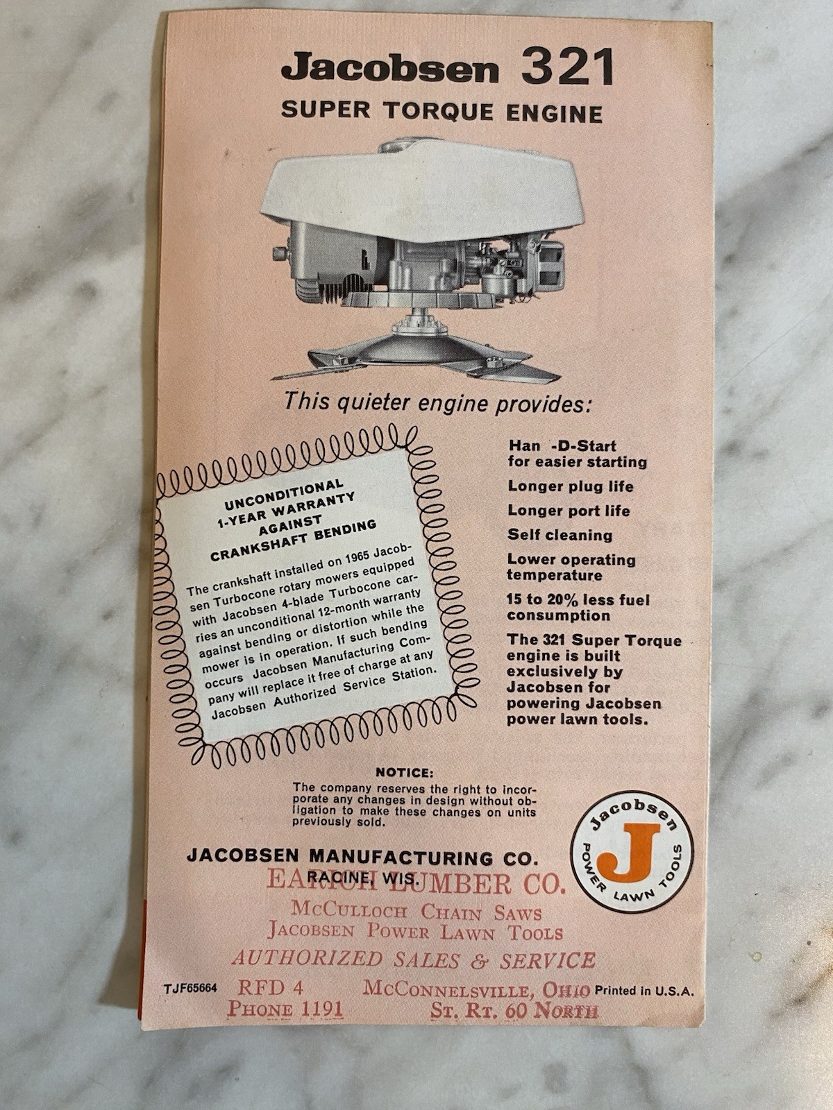 Vintage 1965 Jacobsen Rotary Mowers Turbocone 4-Blade Advertising Brochure