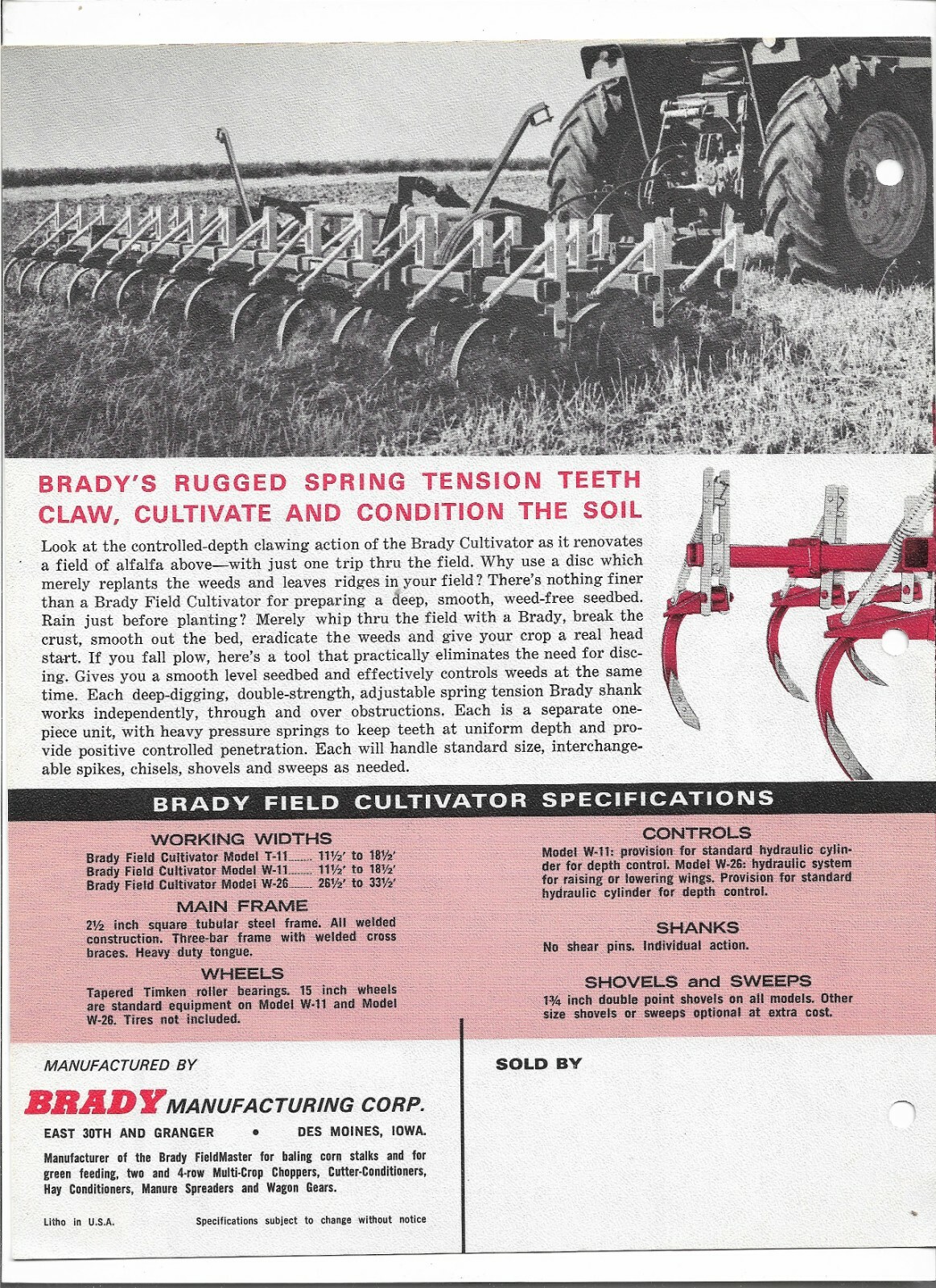 Original OE OEM Brady Models W-26 and W-11 Field Cultivators Sales Brochure