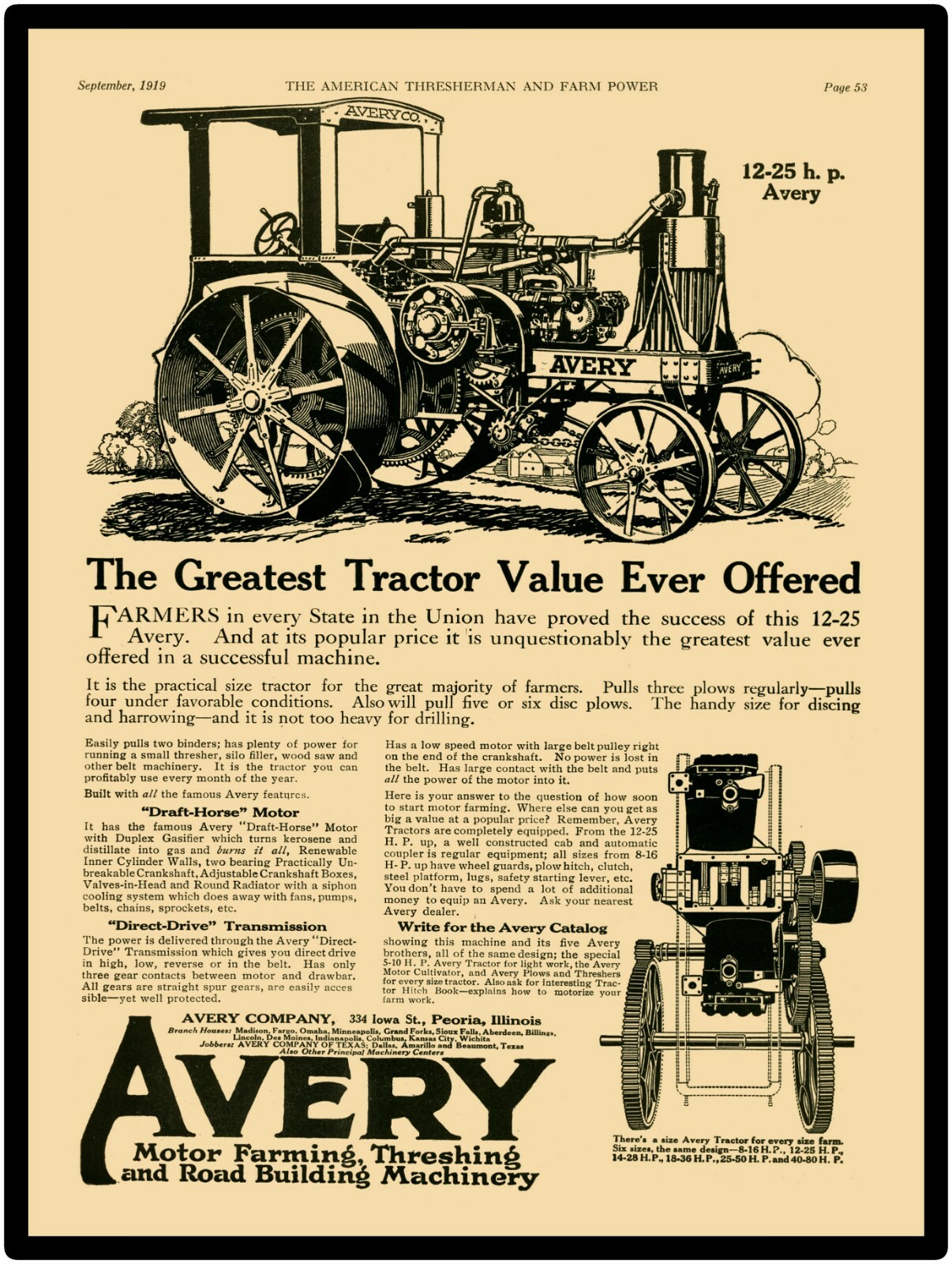 1927 Avery Power Machinery Co. 12-25 Tractor New Metal Sign Large Size – 12 x 16