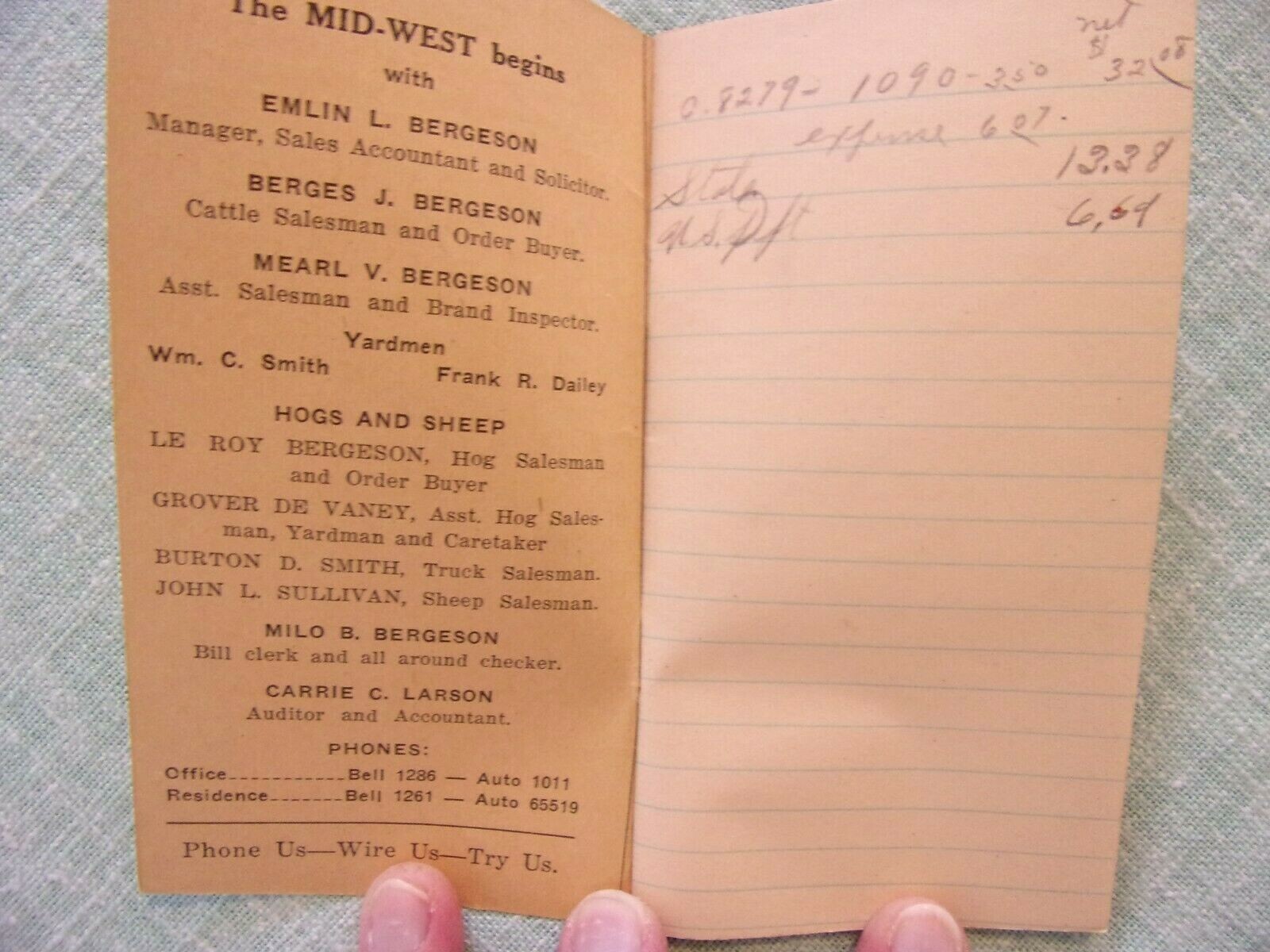 1925 MID-WEST LIVE STOCK COMMISSION COMPANY MEMO NOTE BOOK SOIUX FALLS IOWA