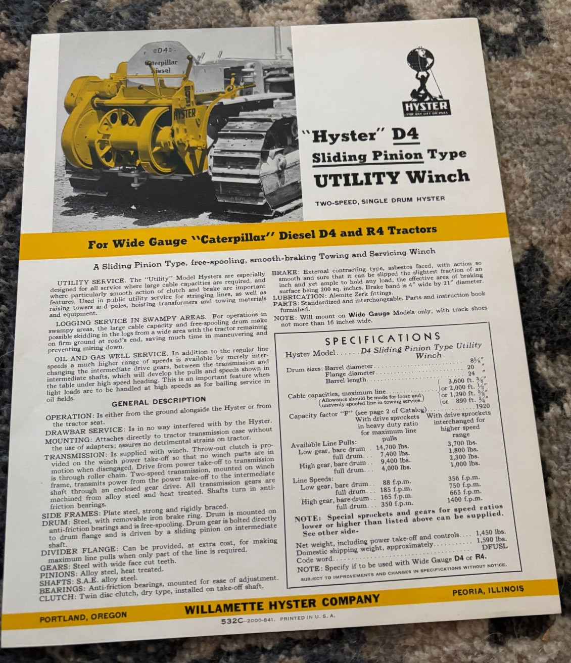 Hyster D4 Utility Winch for Caterpillar D4 Tractors Brochure DCPA25