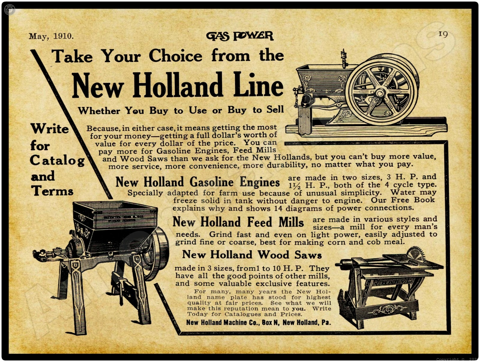 1910 New Holland Machine Co Gas Engines New Metal Sign: New Holland Pennsylvania