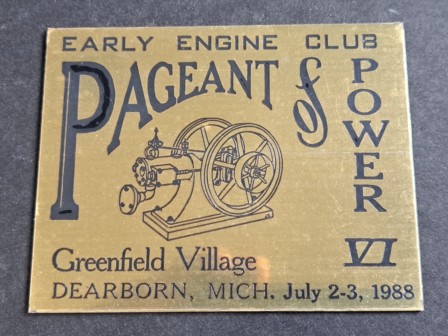 Greenfield Village Early Engine Club Pageant of Power Brass Plaque 1988