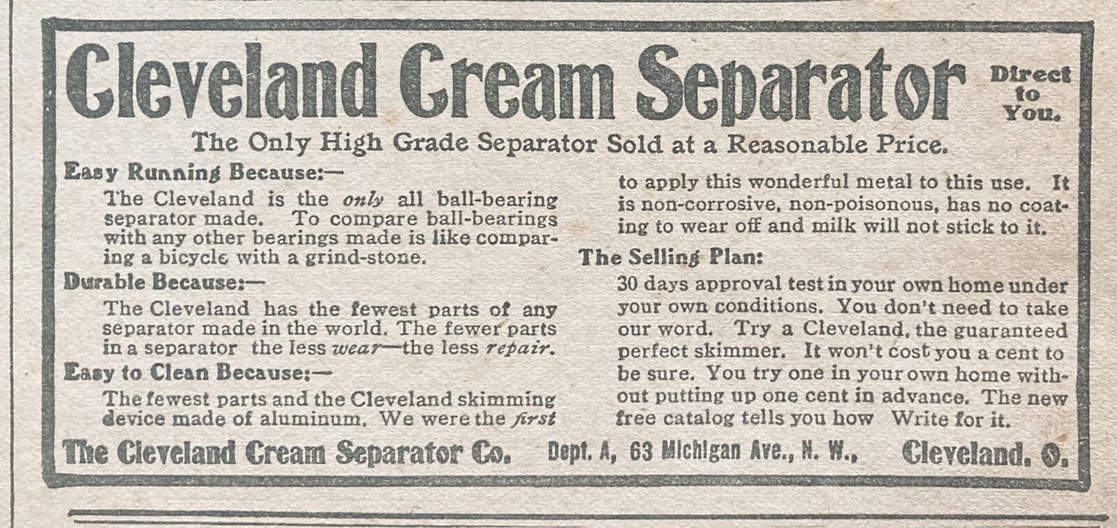 1906 AD(XH34)~CLEVELAND CREAM SEPARATOR CO. OHIO. HIGH GRADE CREAM SEPARATOR