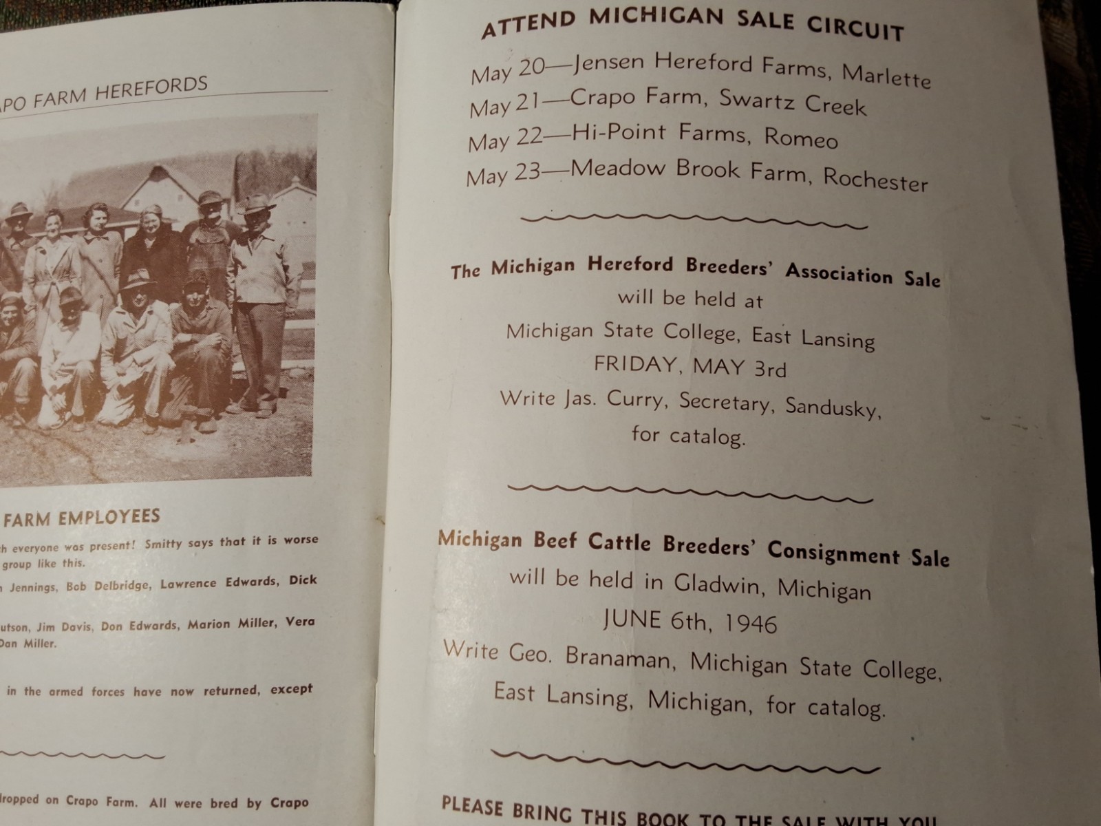 Vintage Crapo Farm Herefords Auction 1946 Sale Catalog Swartz Creek Michigan