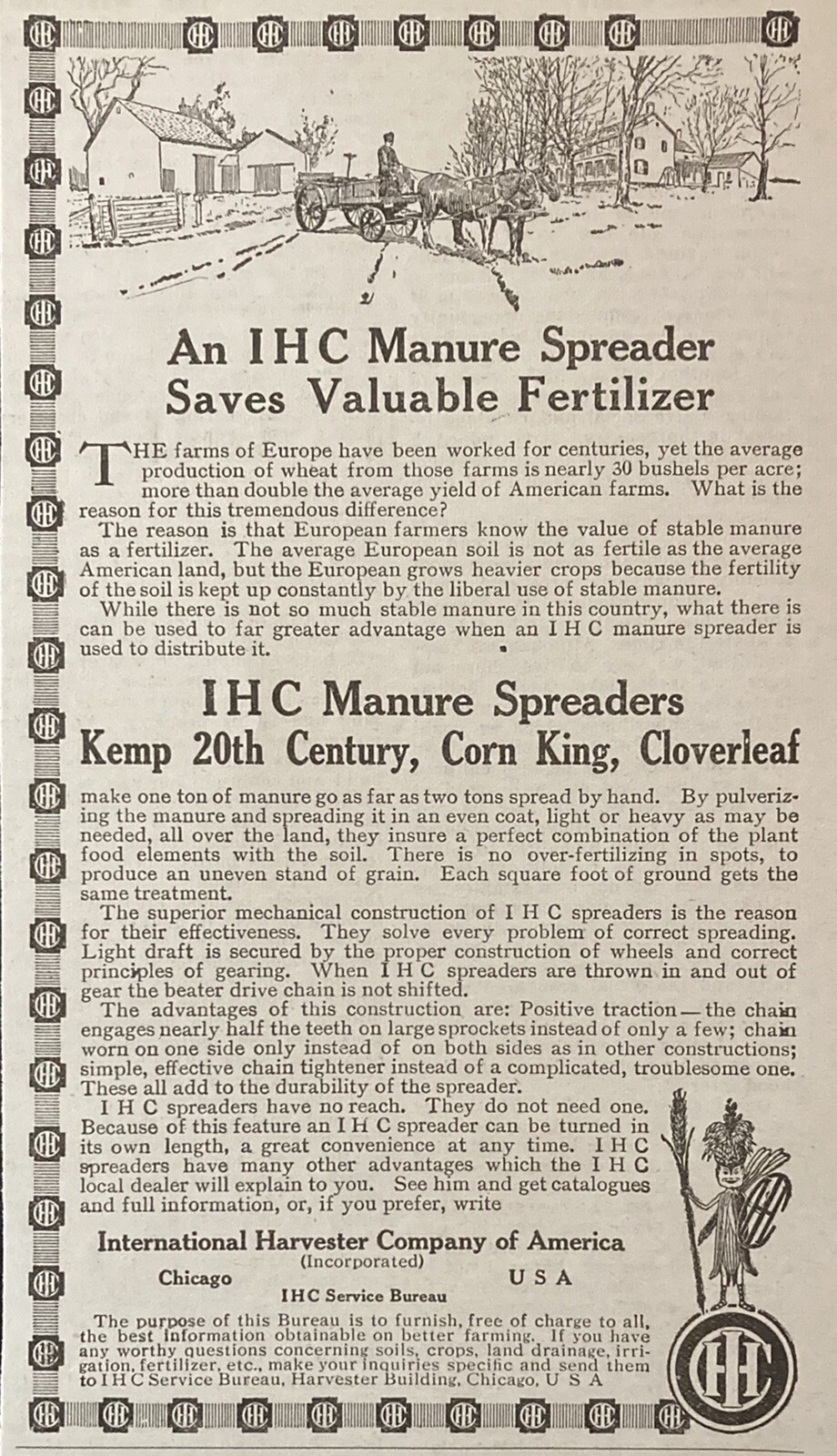 1912 AD(XH26)~INTERNATIONAL HARVESTER CO. IHC CORN KING, CLOVERLEAF SPREADERS