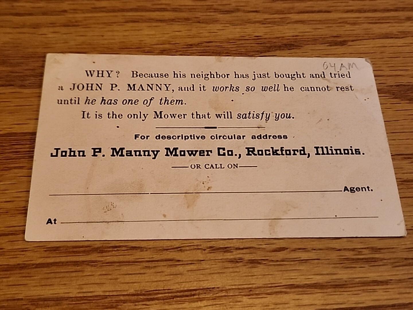 John P Manny Mower Co Trade Card Rockford IL