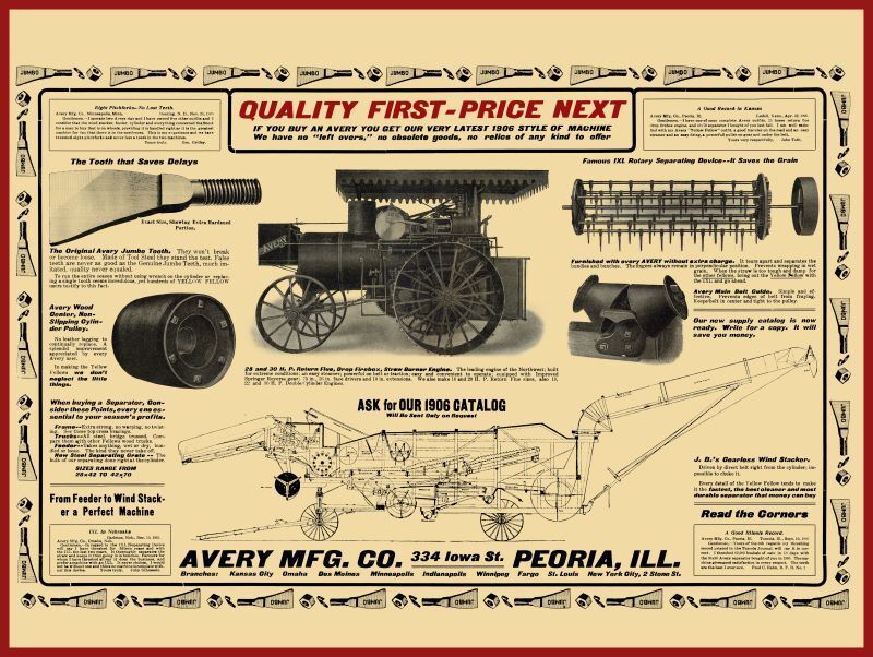 1906 Avery Co. NEW Metal Sign: Straw Burner Engine, Wind Stacker – Peoria, IL