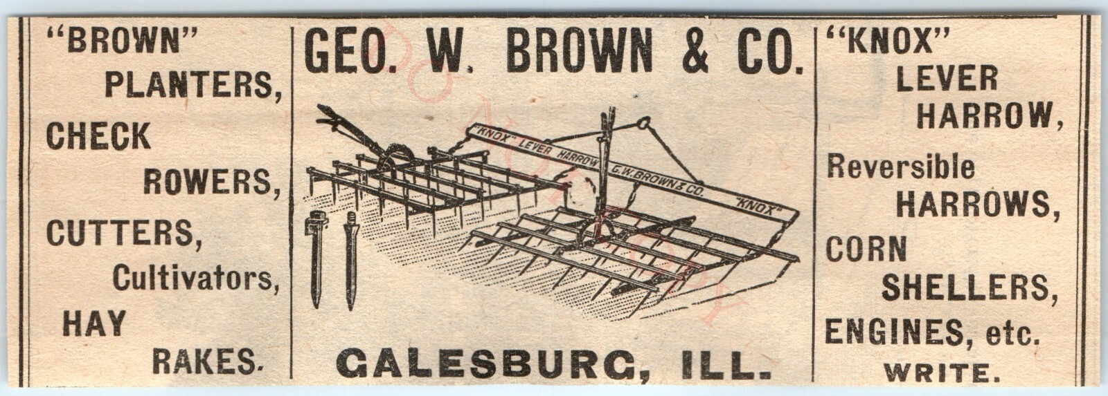 Vtg 1890 Galesburg IL Geo W Brown Knox Lever Harrow Farm Print Ad World Fair IL