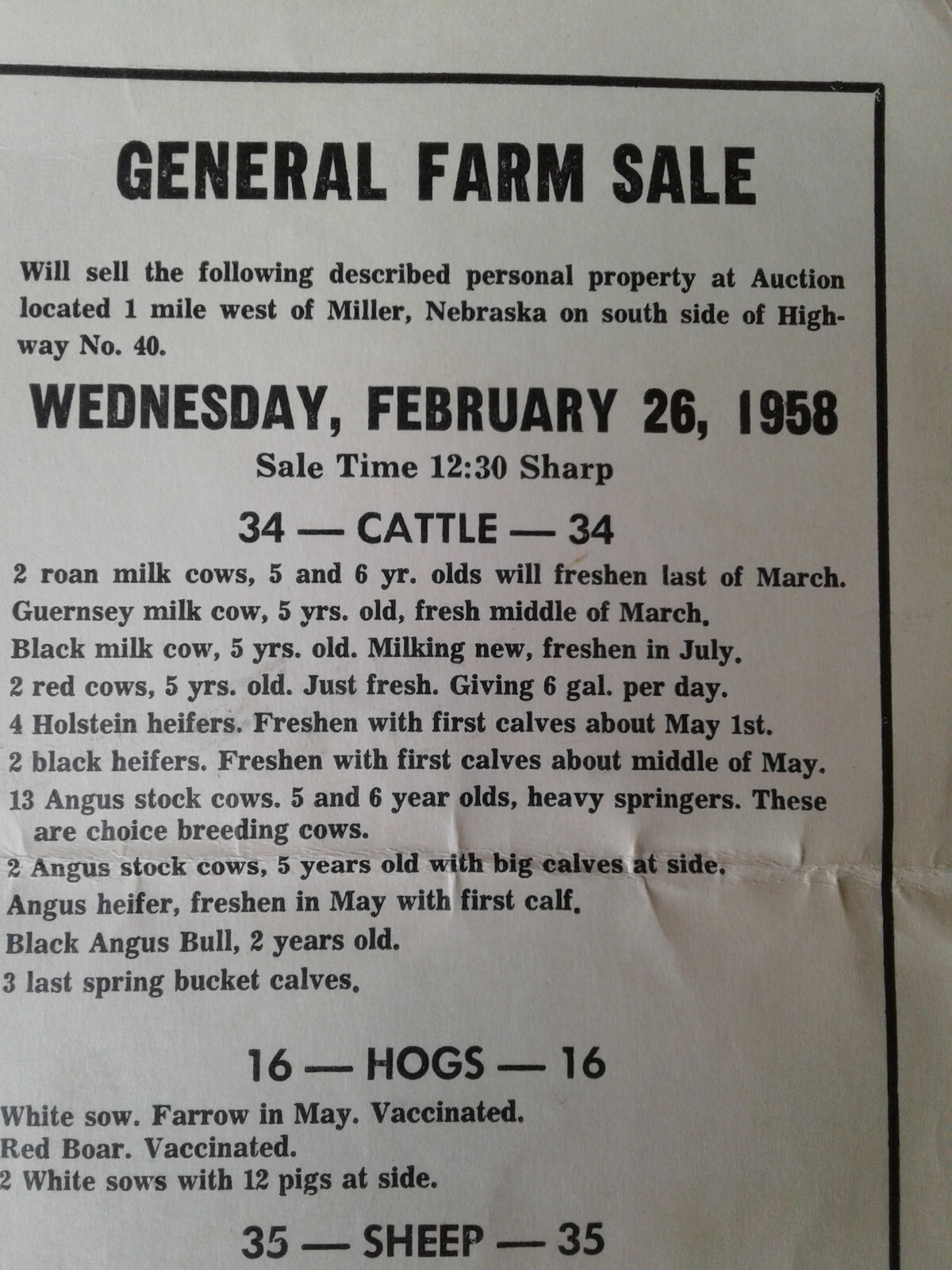Miller Nebraska Advertising General Farm Sale bill from 1958.