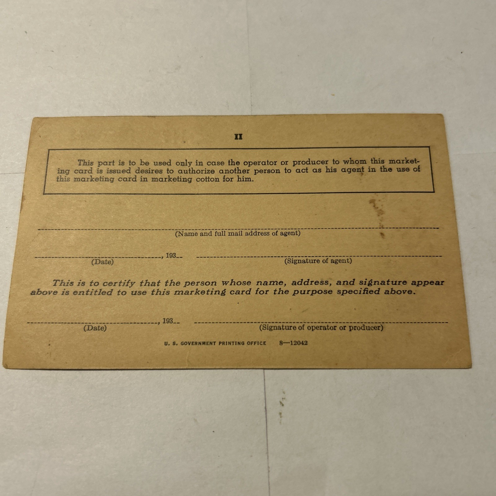 U S Department Of Agriculture Cotton Marketing Card Cullman Alabama 1938