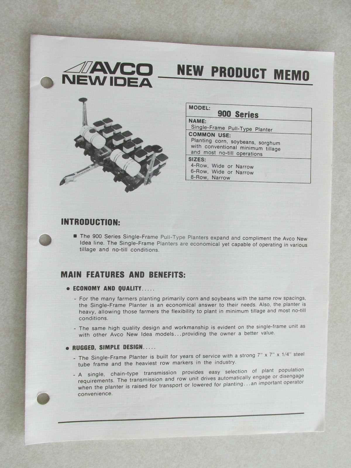 MBF22 AVCO New Idea Farm Equipment New Product Memo 900 series Planter 2 Differe
