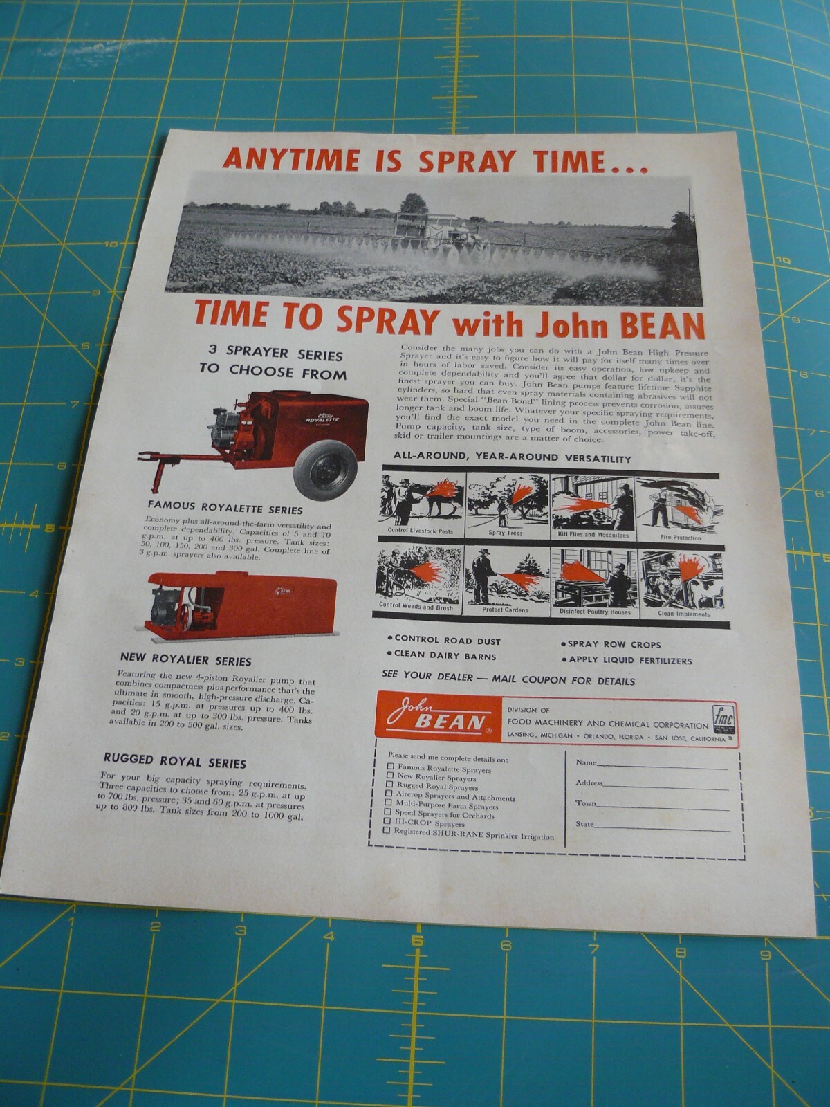 THE FARM QRTLY- SUMMER 1961 – ad – JOHN BEAN SPRAYERS / MI, FL, CA