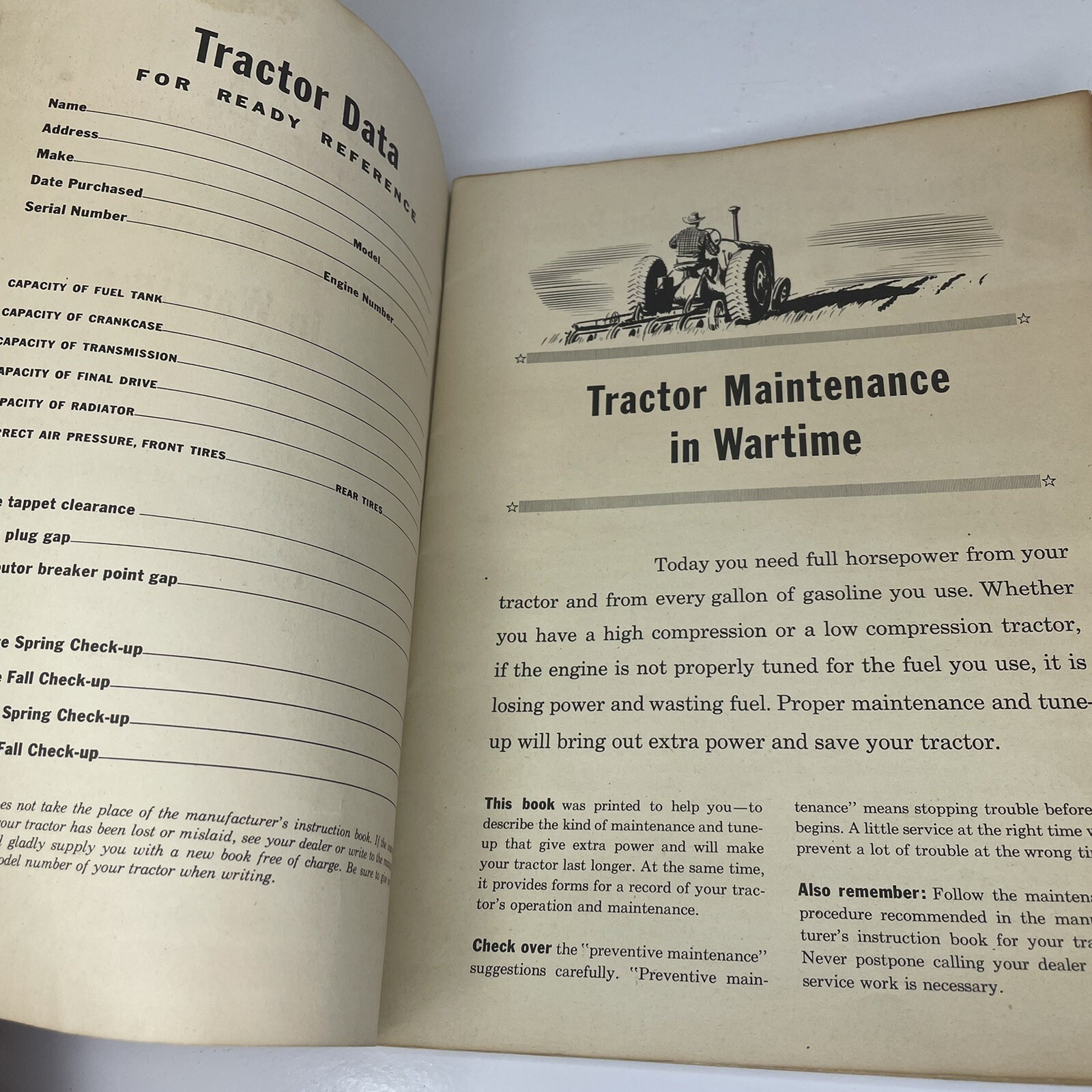 Vintage Wartime Tractors Booklet by Ethyl Corp New York + 1942 Receipt Included