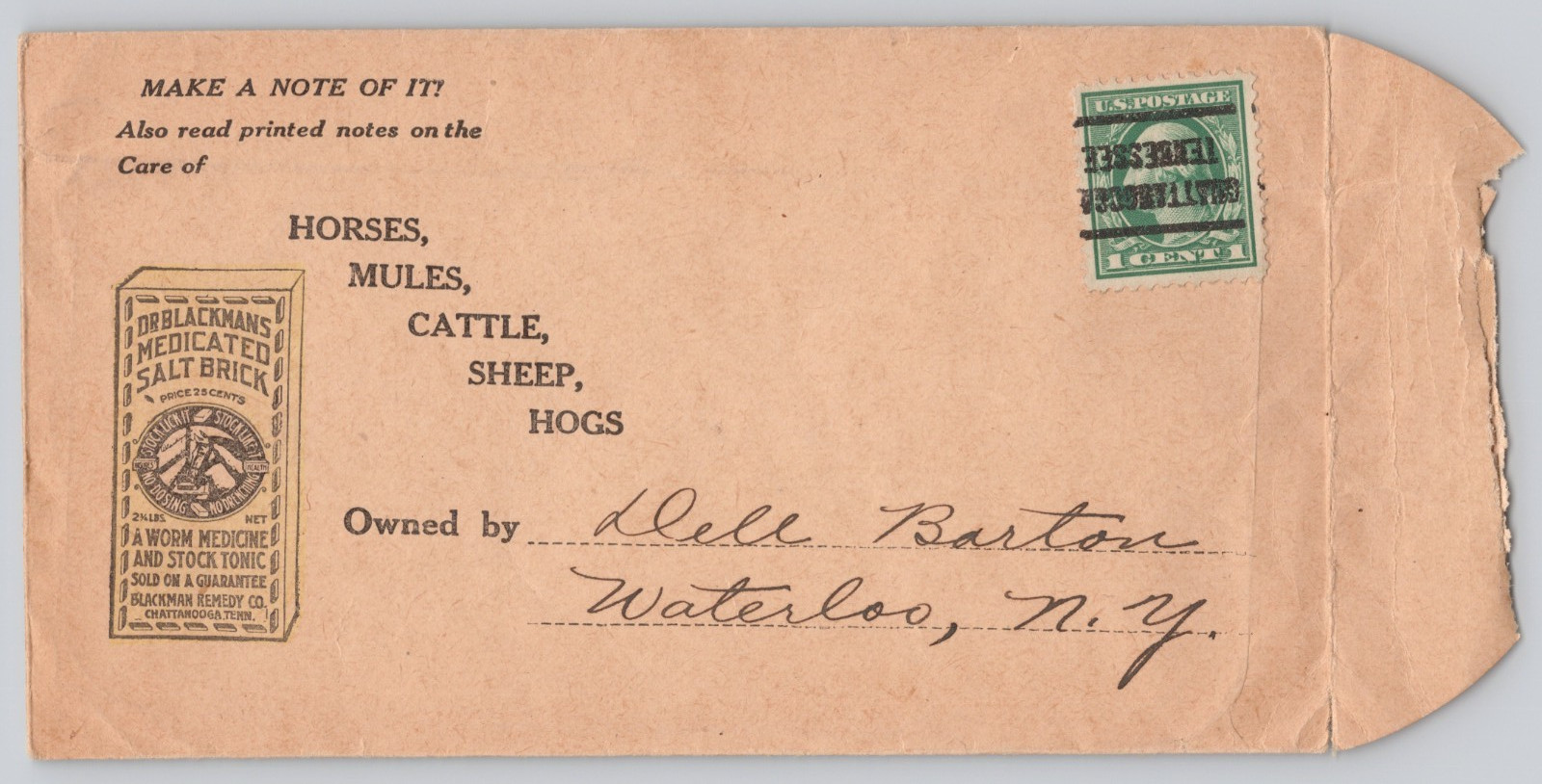 Dr Blackman Medicated Salt Brick Advertising Cover Chattanooga TN Precancel