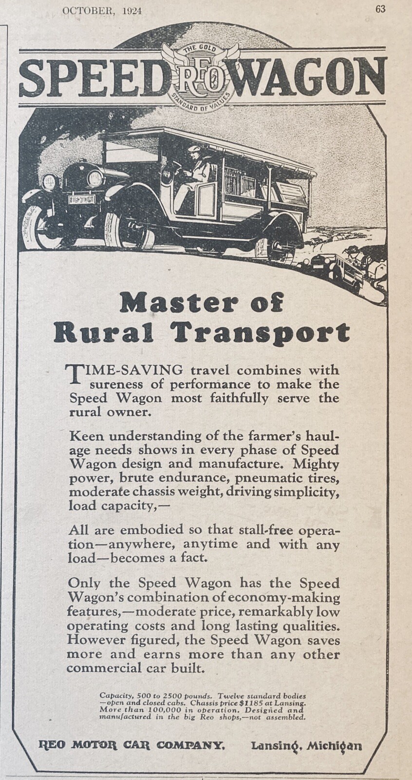 1924 AD.(XG6)~REO MOTOR CAR CO. LANSING, MI. REO SPEED WAGON RURAL TRANSPORT