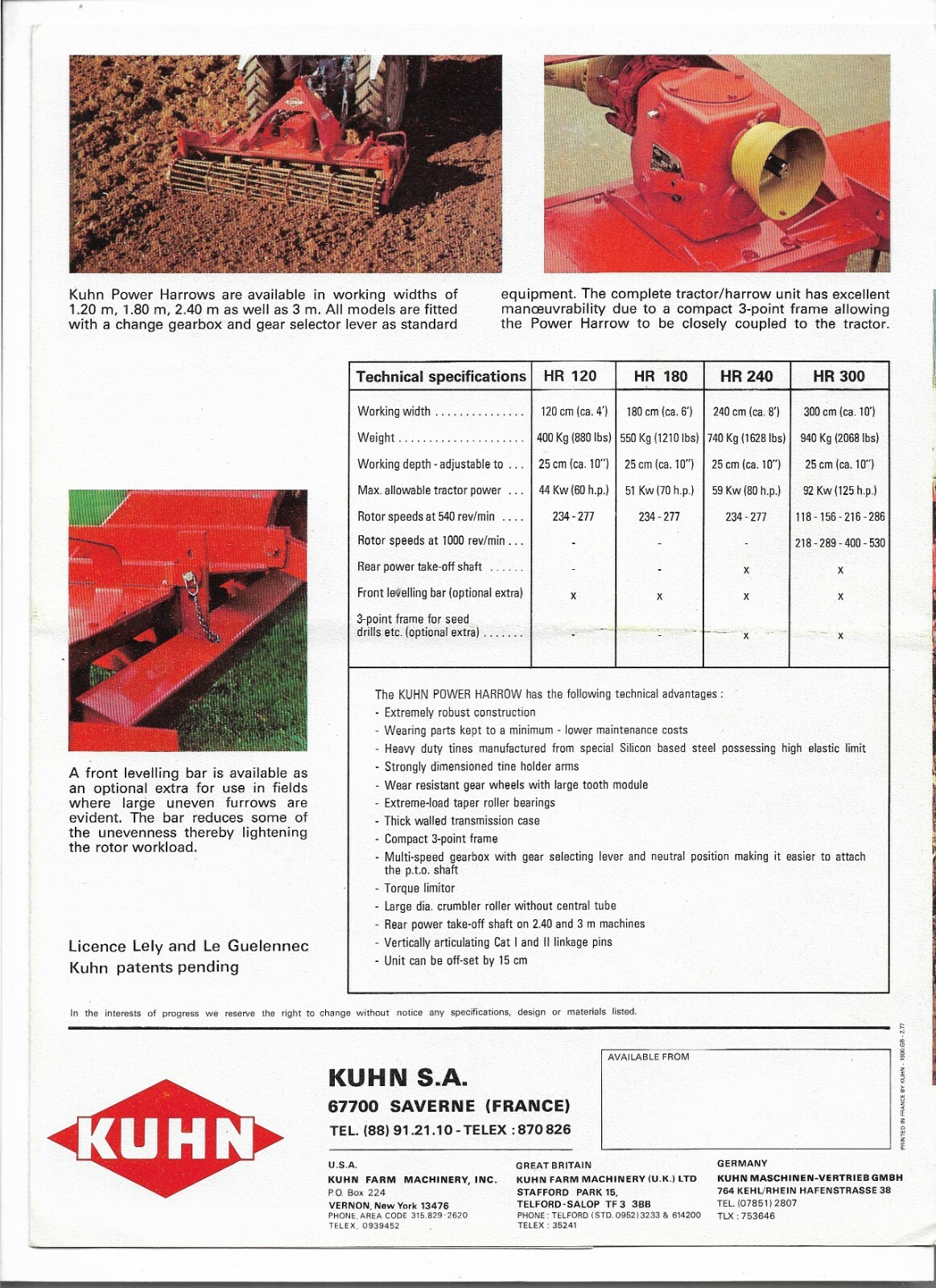 Original Kuhn HR120 HR180 HR240 HR300 Power Harrows Sales Brochure 1900.GB-2.77