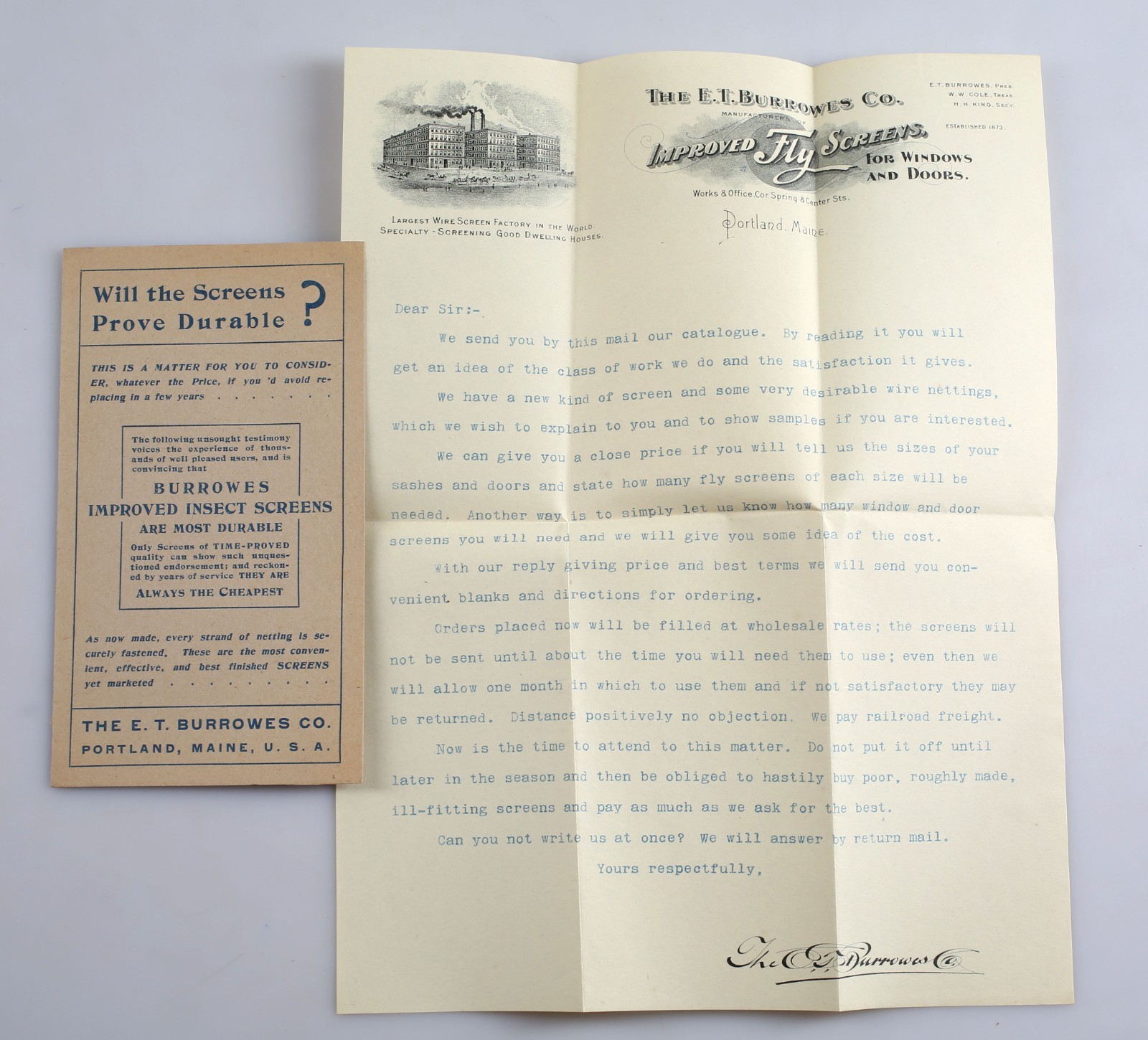 Vintage E.T. Burrowes Fly Screen Co. Pamphlet & Letterhead Portland Maine