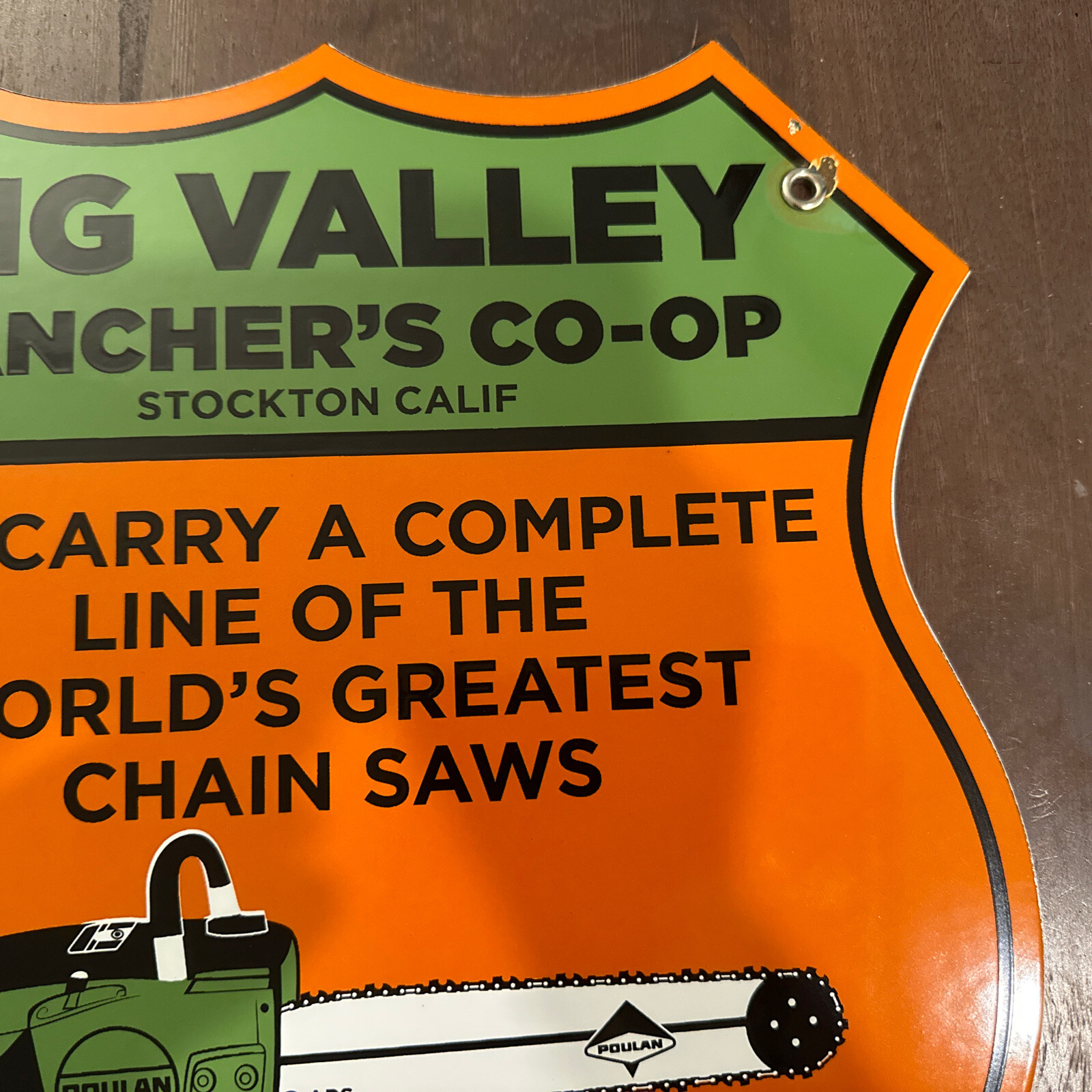 Vintage Porcelain Enamel Poulan Chainsaws Big Valley Ranchers CO-OP Stockton, CA