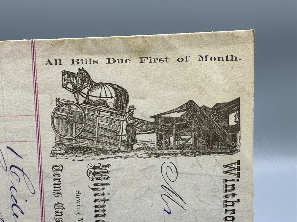 1873 WINTHROP AGRICULTURAL WORKS Whitman THRESHER Farm Advertising Billhead