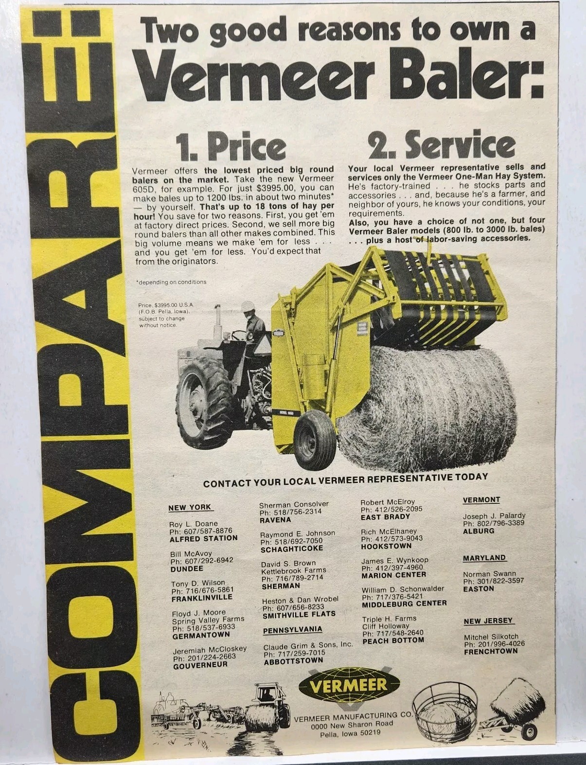 1976 Vermeer Mfg Baler Farm Farming Tractor Retro Original Print Ad Pella IA 70s