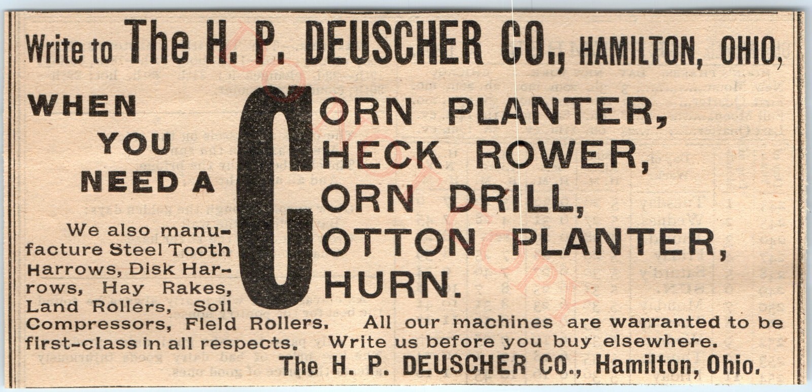 1891 H.P. Deuscher Co Hamilton OH Farm Implement Print Ad Corn Planter Vtg Tool