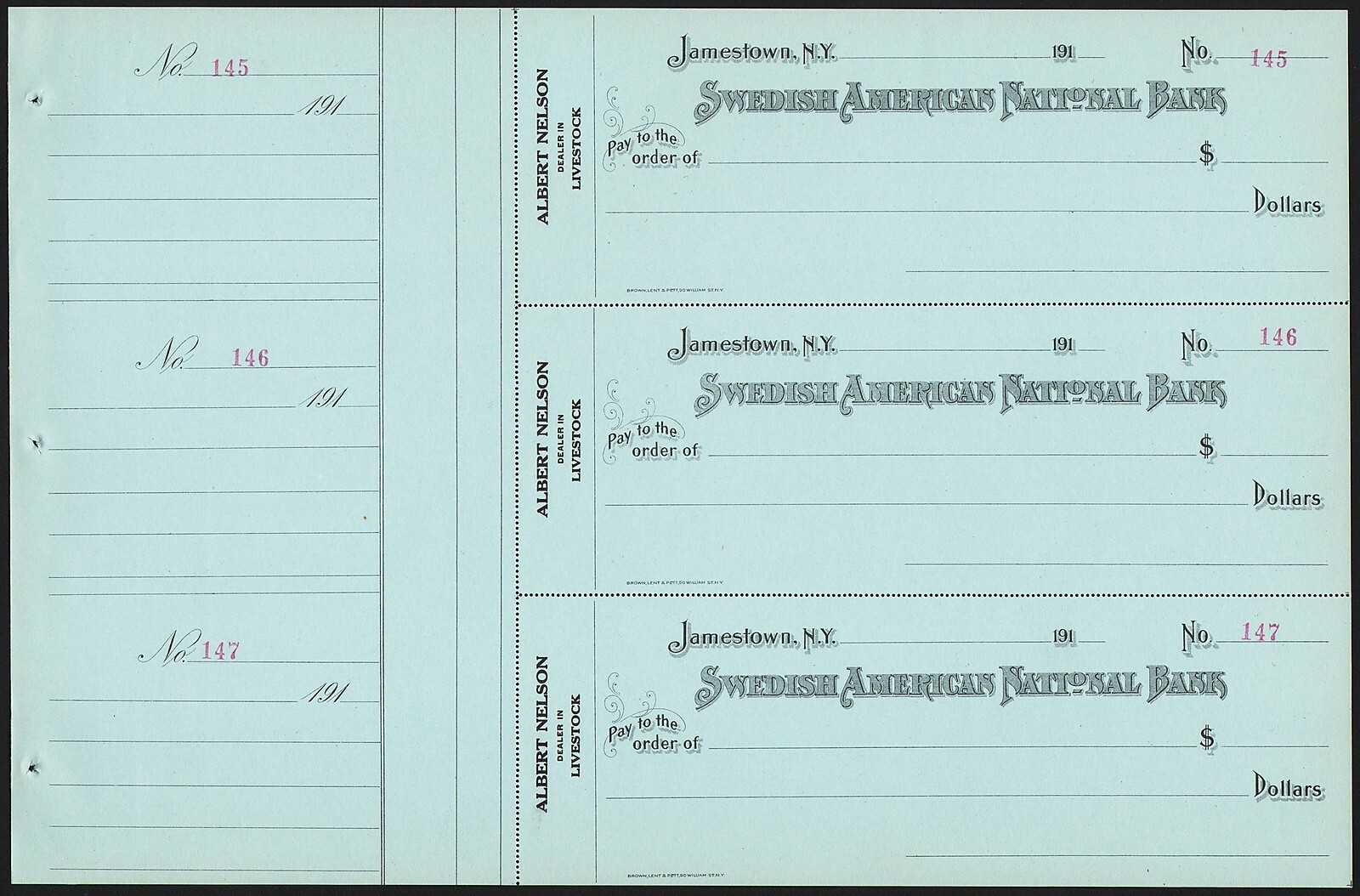 Vintage bank checks ALBERT NELSON Livestock 1910s Jamestown New York 3 connected