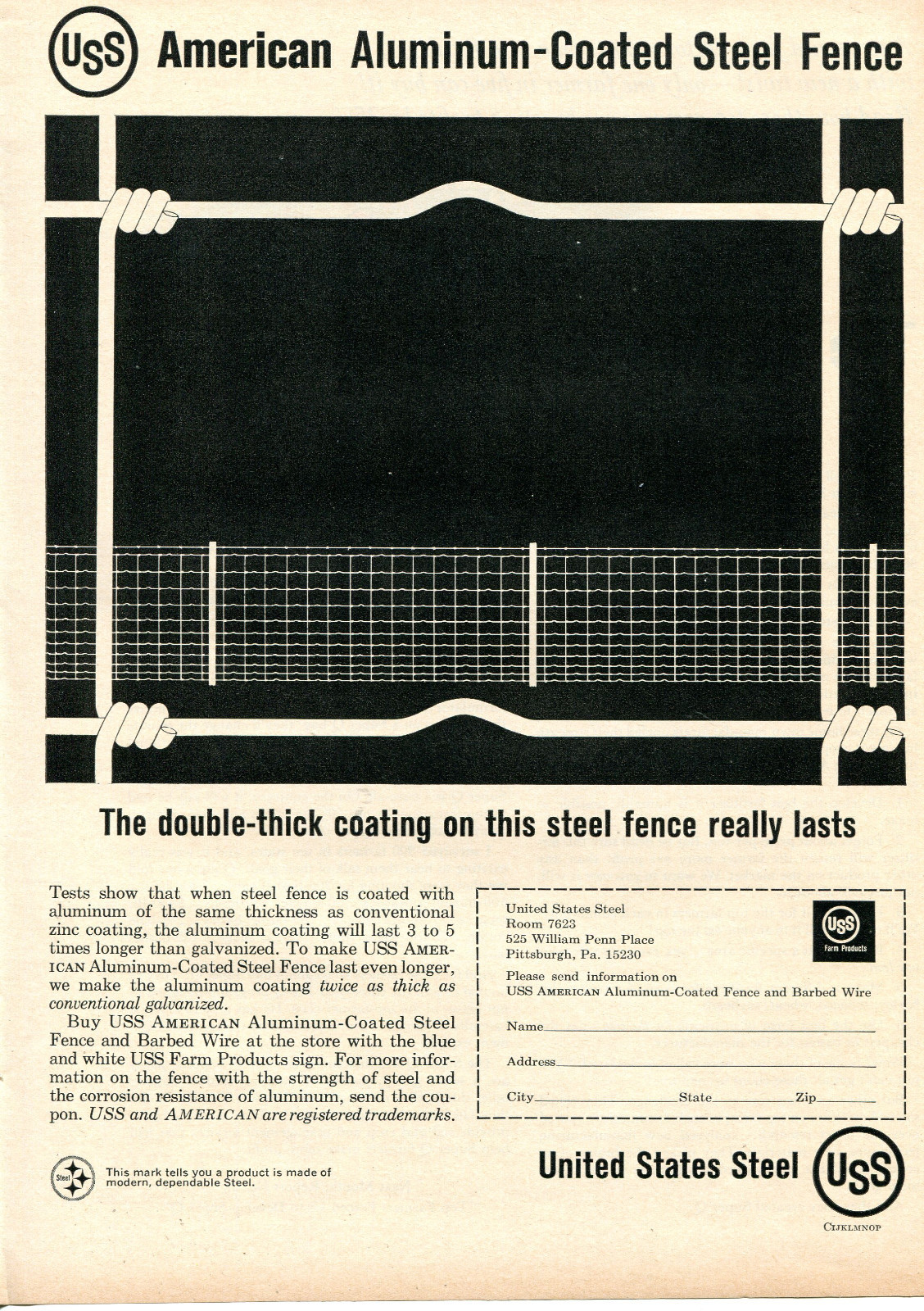 1964 Print Ad of United States Steel USS American Aluminum Coated Steel Fence