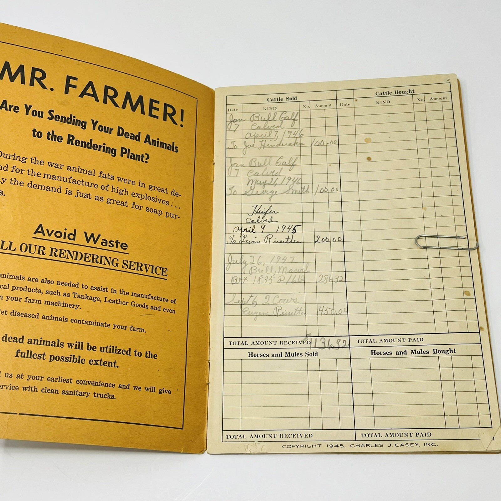 1944 1945 Practical Farm Record Book Jewell Rendering Iowa Falls IA Filled Out