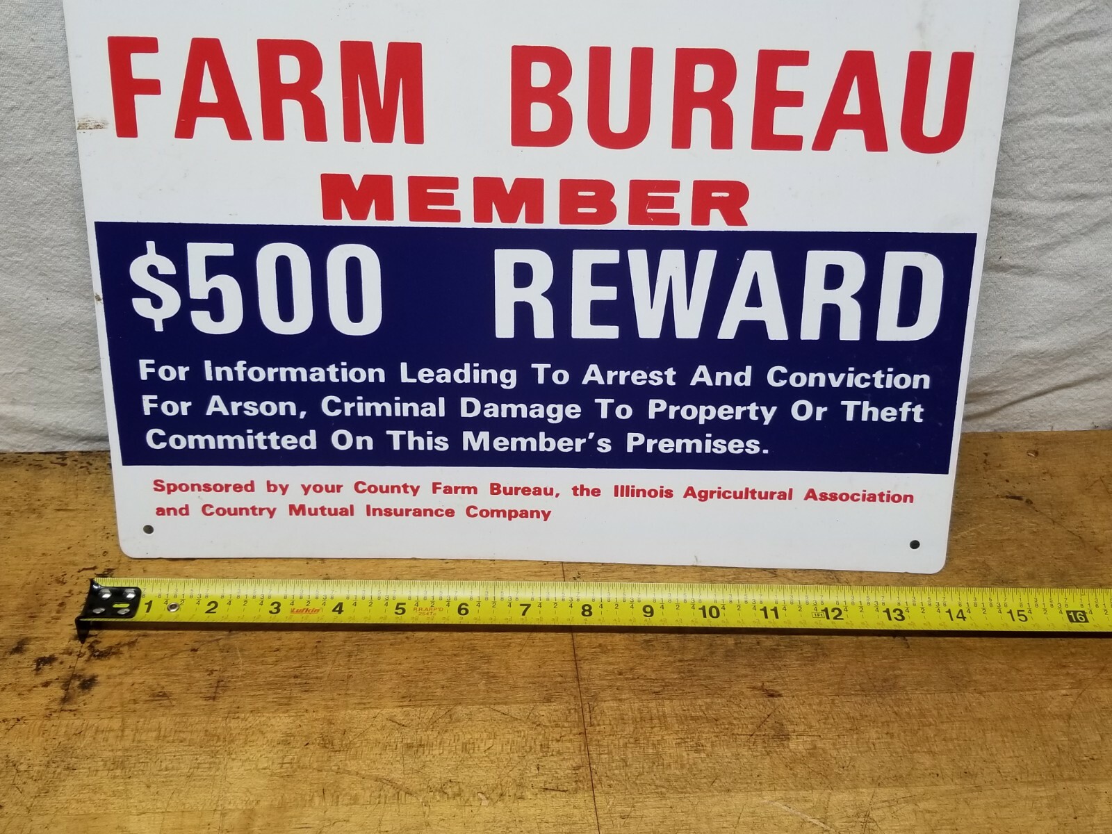 Vintage Illinois Farm Bureau Member Sign $500 Fine Plastic