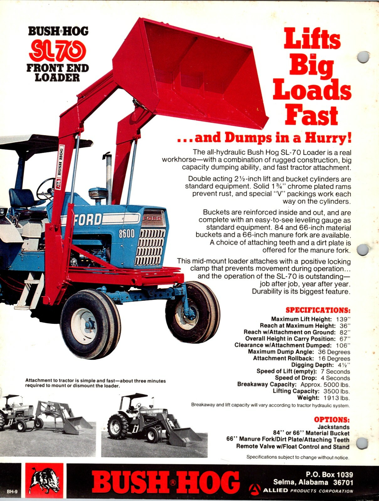 One(1) Bush-Hog SL70 Front End Loader Dealer Sales Specs Accessory Brochure