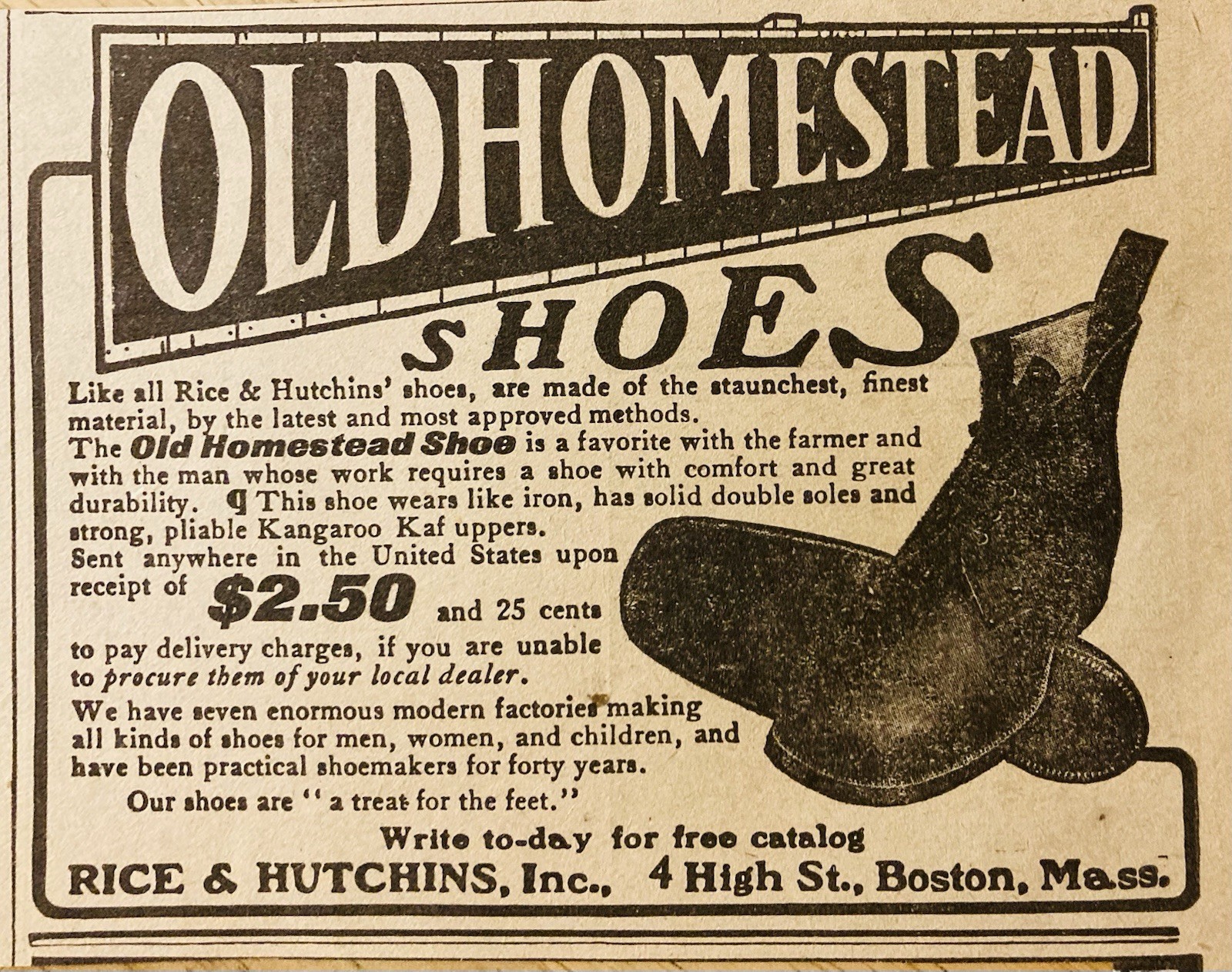 1906 AD.(XH82)~RICE & HUTCHINSON SHOE CO. HIGH ST. BOSTON. “OLDHOMESTEAD” SHOES