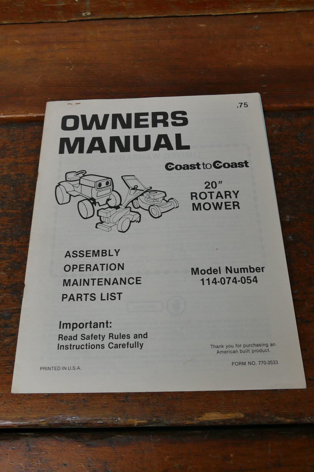 1983 Coast to Coast Owner&rsquo;s Manual 20” Rotary Lawn Mower Model # 114-074-054