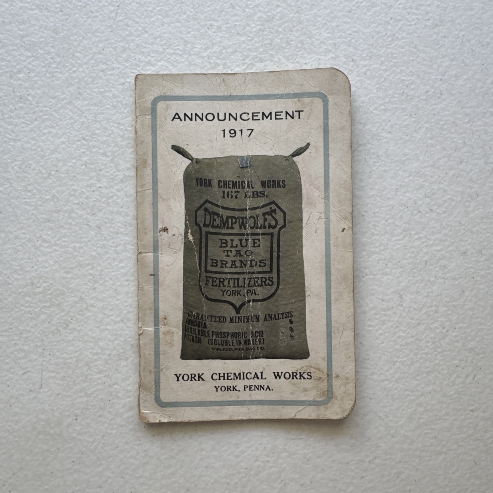 1917 Dempwolf&rsquo;s Fertilizers York Chemical Works York, PA Announcement Book